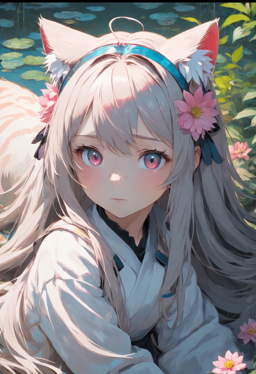 very long hair, flower on head, cat ears, bright pupils, blush, Monet, anaglyph, Fujicolor, outside border, from above, UHD, masterpiece, ccurate, textured skin, 4K, best quality, highres, high quality, UHD, masterpiece, textured skin, highres, best quality, high quality, 4K
