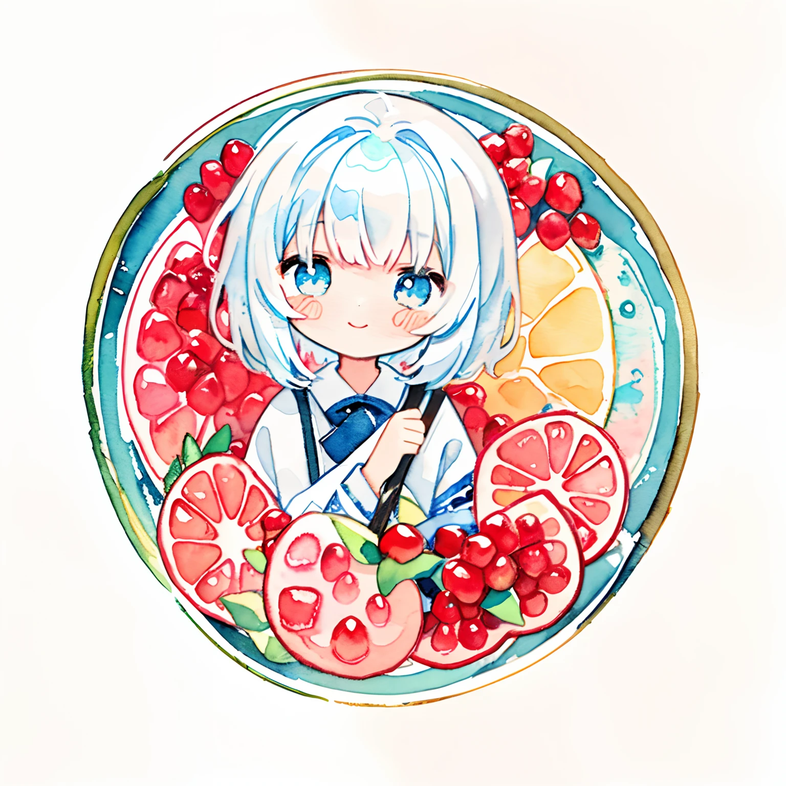PastelColors:1.5)、(Cute illustration:1.5)、(watercolor paiting:1.2)、Light blue background、girl with、full body Esbian、A smile、Stranger、Light blue all over、Moya、marble、colourfull、jello、pomegranates、Pomegranate fruit、Jelly Girl、White hair、light blue eyes