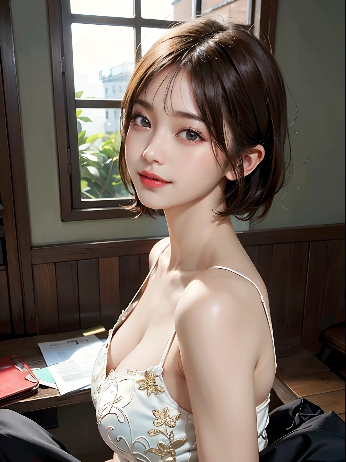 (Raw photography:1.2)、top-quality、a beautiful detailed girl、A smile、short-haired、extremely detailed eye and face、beatiful detailed eyes、huge filesize、hight resolution、8k wallpaper、finely detail、Highly detailed ticker uniform 8K wallpaper、Light on the Face、电影灯光、-yeld gisexy  pose、(photorealisim:1.4)、illustratio、super detailing、Colossal tits、CA