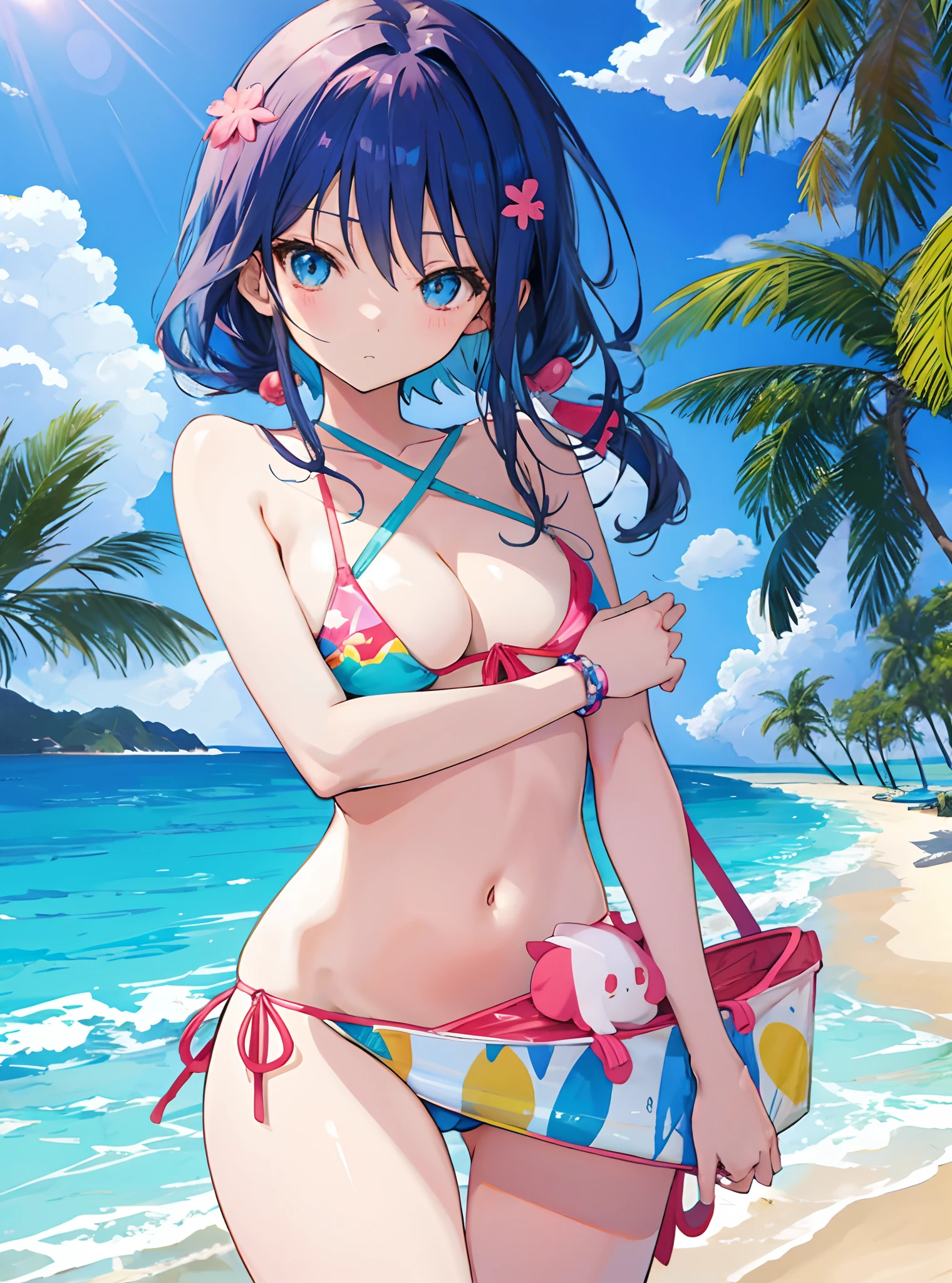 anime girl in bikini posing on beach with ocean in background, seductive anime girl, at the beach,  in the beach, swimsuit, in bikini, , on a sunny beach, [ 4 k digital art ]!!, in a bikini, on a beach, attractive anime girl, shy, cuteness, introvert