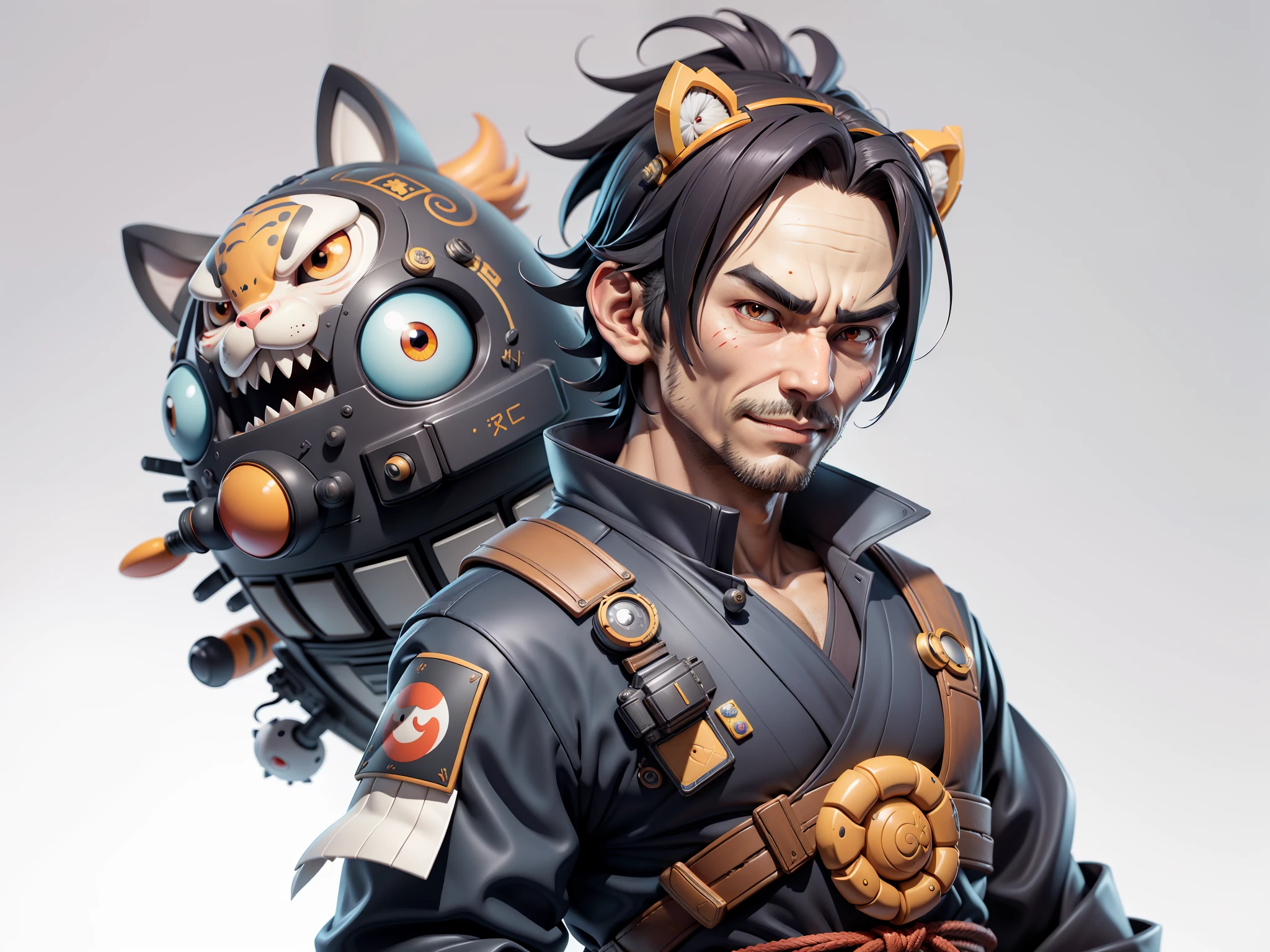 (Daisaku),(Need),(Super meticulous),(full bodyesbian:1.2),Super young man with Japanese geisha,Beautiful,orient,one tiger,Aeolian Thor,Raised sexy,爆乳,Oriental face,TV Anchor,Bust portrait illustration,In black suit,a blue tie,The face is slightly chubby,The face was clean,without a beard,Black super short hair,Black eyes,Smile confidently,3C computer sub-products,iPad, iphone,Digital painting,3D character design by Mark Clairen and Pixar and Hayao Miyazaki and Akira Toriyama,The illustration is a high-definition illustration in 4K resolution,With very detailed facial features and cartoon-style visuals。