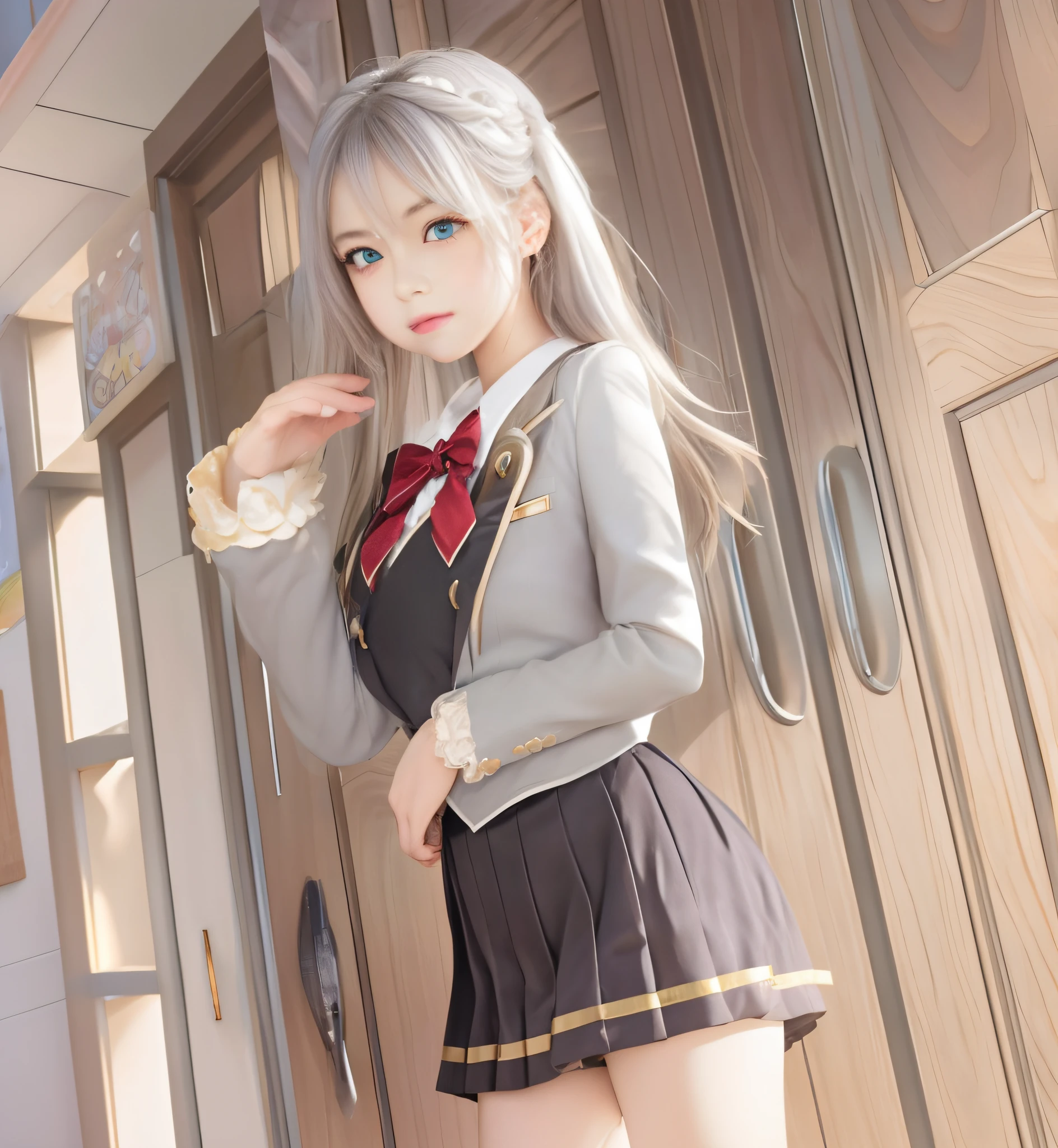 (masterpiece,perfect face,high quality:1,0),(expressive face,expressive eyes,detailed eyes:1,0),(detailed face,cute face:1,1),(huge breast,prefect body,sexy body:1,0),(school uniforms:1,0),((full body shoot,standing:1,2)),(short girls,13 years old,age different:1,2),(age down, beautiful face,blush:1,0),(ulta high quality,look at viewers,Bokeh),(solo,1-girls,very beautiful asian girls:2 ,0),(long hair:2,0),((silver hair,blue eyes:2,0)),(8k,reaslistic foto,ultra reaslistic foto:2,0),(hot pants,shoes:1,2),(Alya roshidere series:1,0),(anime to realistic:3,0)