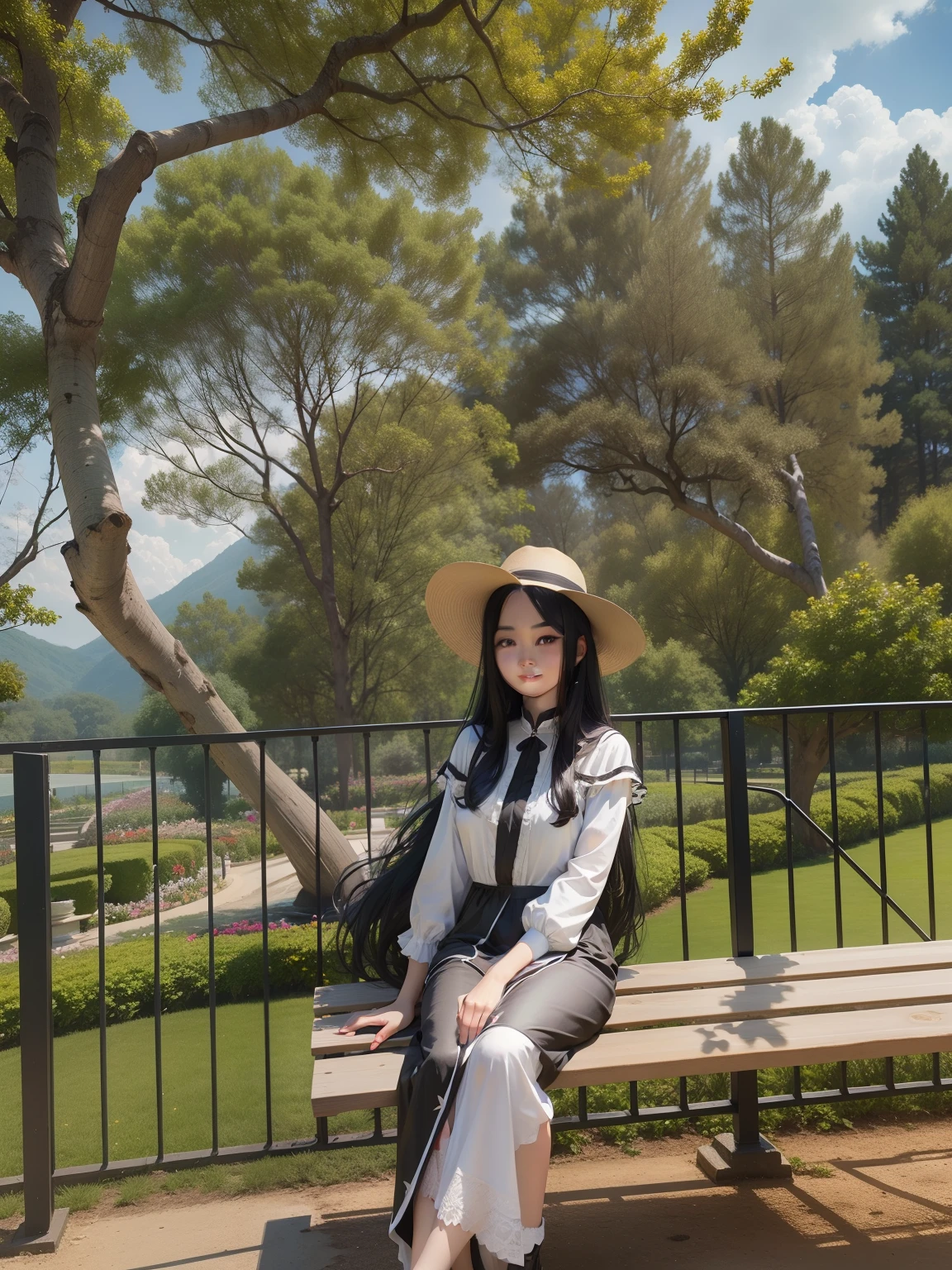 1 girl,(long black hair), white dress, light smile, shiny skin
Best quality, masterpiece, (photorealistic: 1.4), park, flower garden