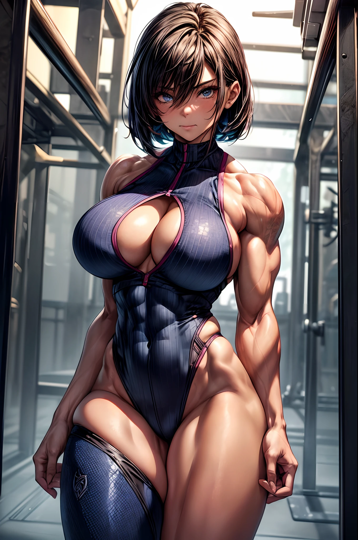 ((Best Quality)), ((masutepiece)), ((highly intricate detail)),Beautiful, High quality, hight resolution, absurderes, light difussion, Intricate details, intricate-detail, ((Anime)), (Anime:1.2) , (Perfect face:1.3), extremely detailed eye, Colorful, highest details, Vibrant colors, High contrast, (8K UHD:1.2), (Photorealistic:1.2),(masutepiece:1.4), (Best Quality:1.4), Realistic,medium breasts. Her physique is truly remarkable, featuring bulging muscles that ripple with power. Her arms are adorned with immense biceps and sculpted triceps, Each muscle fiber is defined、intentional. Her chiseled six-pack abs are、Proudly shows dedication to physical strength, a testament to the hours spent honing her body to perfection. Clad in workout attire that accentuates her muscular form, she emanates an air of confidence and dominance. Beads of sweat cascade down her glistening skin, evidence of the intense physical exertion she undertakes. The gym serves as her domain, Pushing the body to its limits、A sacred space that transcends the boundaries of what seems possible. Short hair, beautiful colored hair, blushed ,18+ Face,Face, ,Wet mouth,nsfw art, body curve, full sexy body, ((Full body)), Full body, Random position, random pose position, Random position, beauty shirt, (The upper part of the body_Body),(Big_Body:1.5), Perfect body, Pose, Naughty Girl, (tatto:1),tatto in stomach, ((1girl in:1)), Full body, Dark skin, Human, ((full_Body)),((busty:1.5)),Short_hair,(Tight_Suit),(Dynamic_Pose),(random_Pose),((Body_builder:1.5))