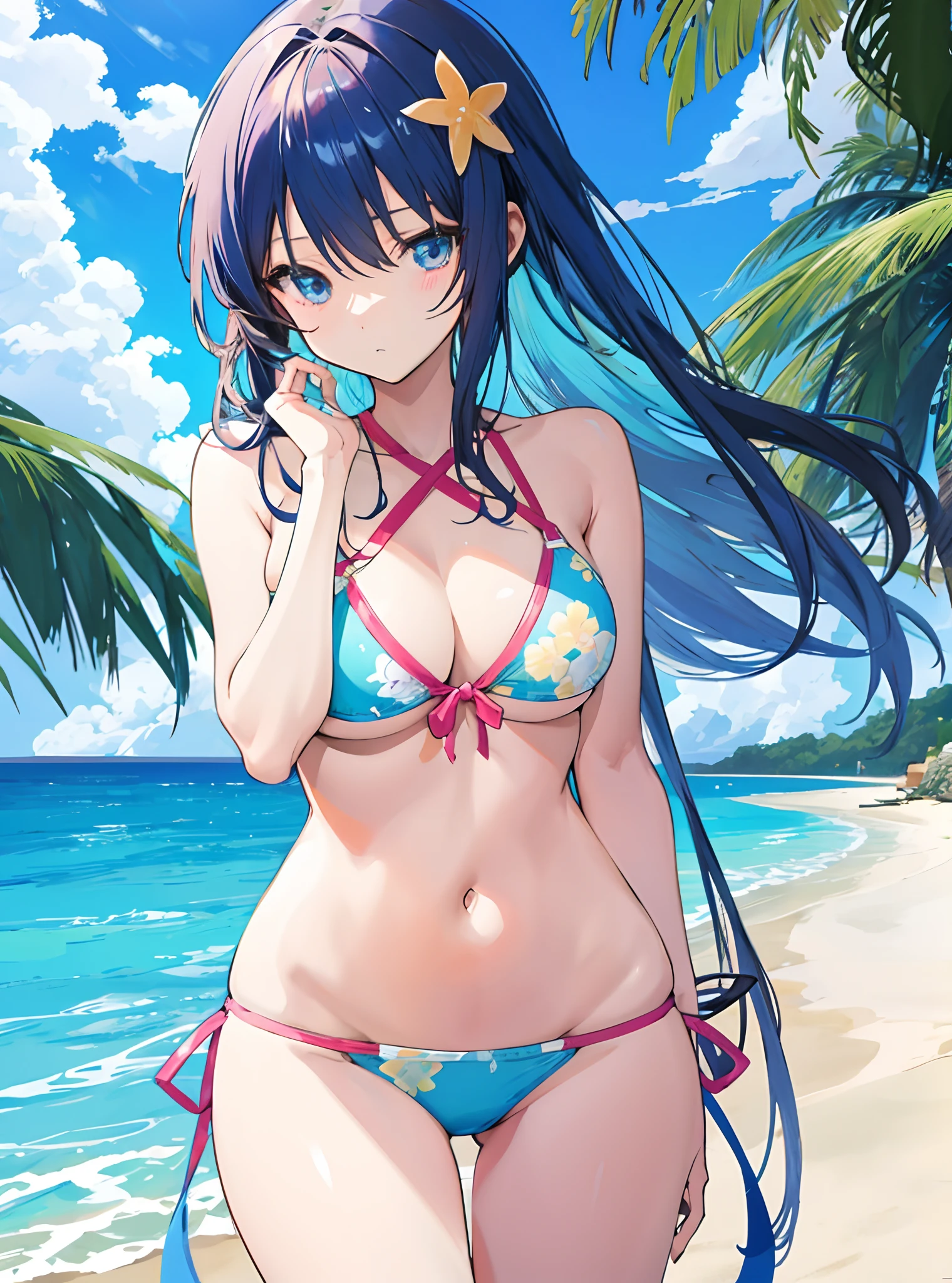 anime girl in bikini posing on beach with ocean in background, seductive anime girl, at the beach, realistic bikini, at a beach, in the beach, swimsuit, in bikini, , on a sunny beach, [ 4 k digital art ]!!, in a bikini, on a beach, attractive anime girl, extremely detailed artgerm, shy, cuteness, introverted