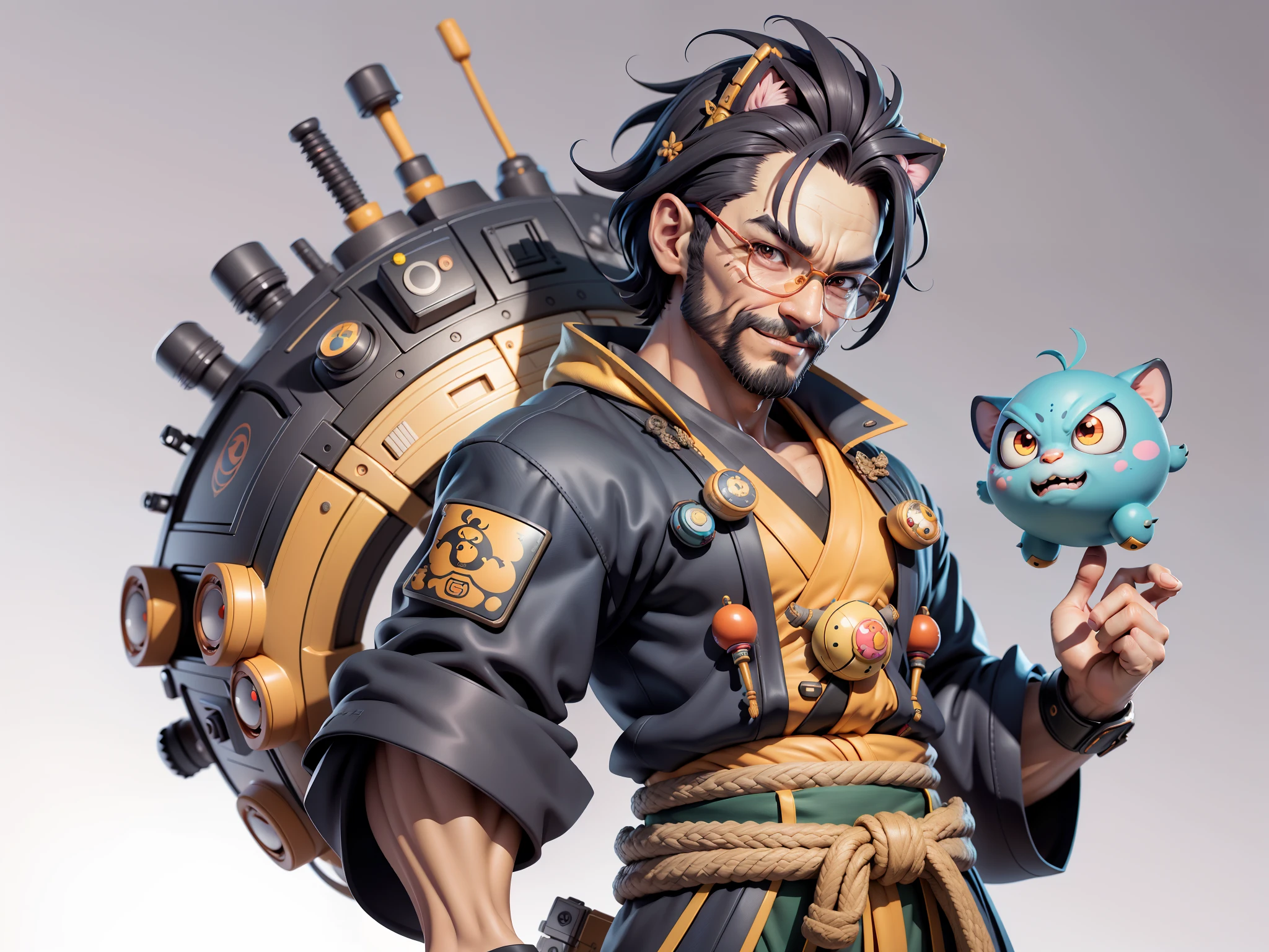 (Daisaku),(Need),(Super meticulous),(full bodyesbian:1.2),Super young man with Japanese geisha，Beautiful，orient，one tiger，Aeolian Thor，Raised sexy，爆乳，Oriental face，TV Anchor，Bust portrait illustration，In black suit，a blue tie，The face is slightly chubby，The face was clean，without a beard，Black super short hair，Black eyes，Smile confidently，3C computer sub-products，iPad， iphone，Digital painting，3D character design by Mark Clairen and Pixar and Hayao Miyazaki and Akira Toriyama，The illustration is a high-definition illustration in 4K resolution，With very detailed facial features and cartoon-style visuals。