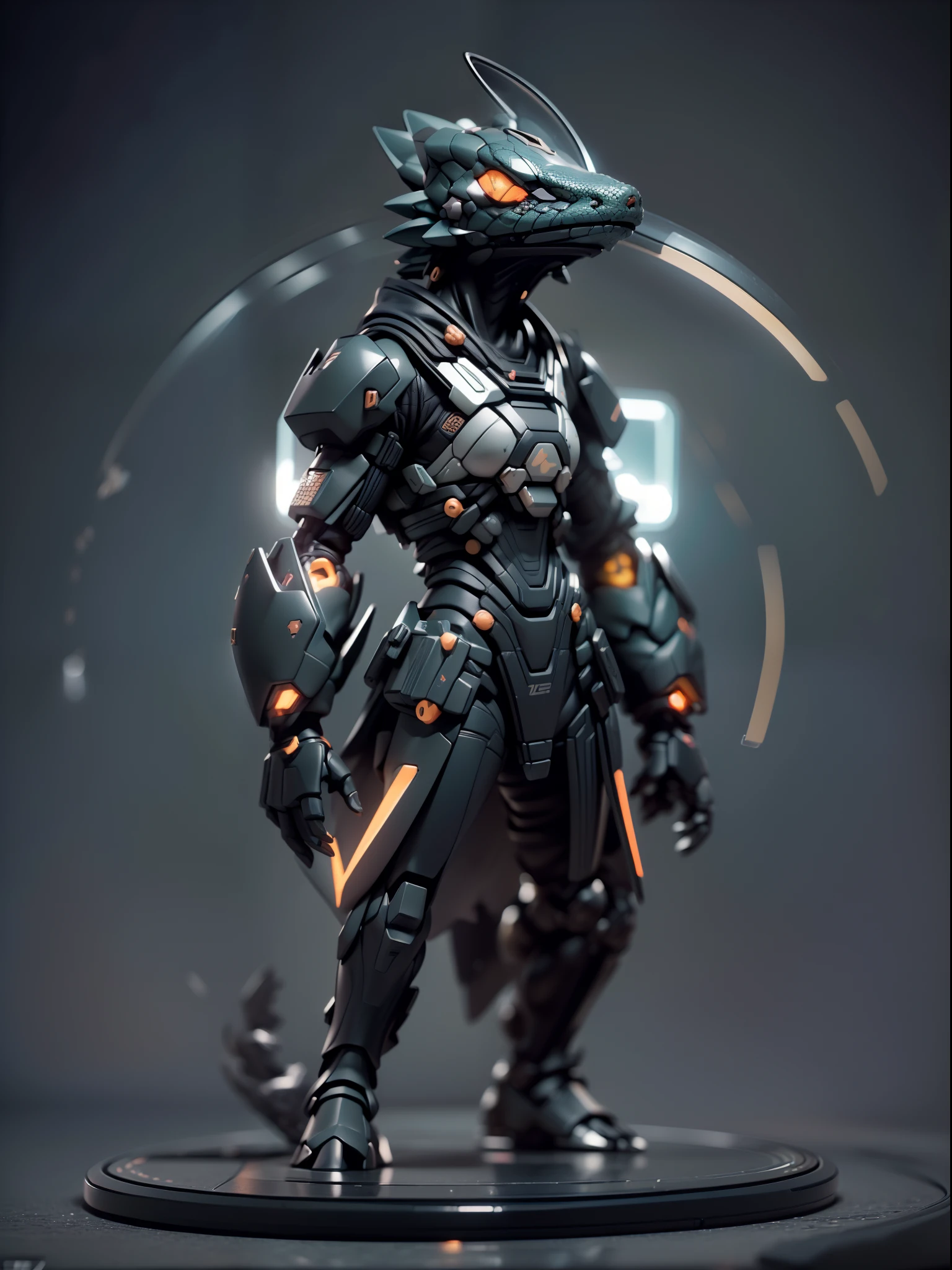 (Blind box toy style:1.3),((Full body shot)),(anthropomorphism),(1 strong lizard warrior，solo）(((solo))),opaque mask，transparent plastic mecha,dreamy glow, cyberpunk style，Clean black background,black style，(circular base）( Global illumination, Ray tracing, hdr, unreal render,reasonable design, high detail, Masterpiece, Best quality, hyper HD, Cinematic lighting)
