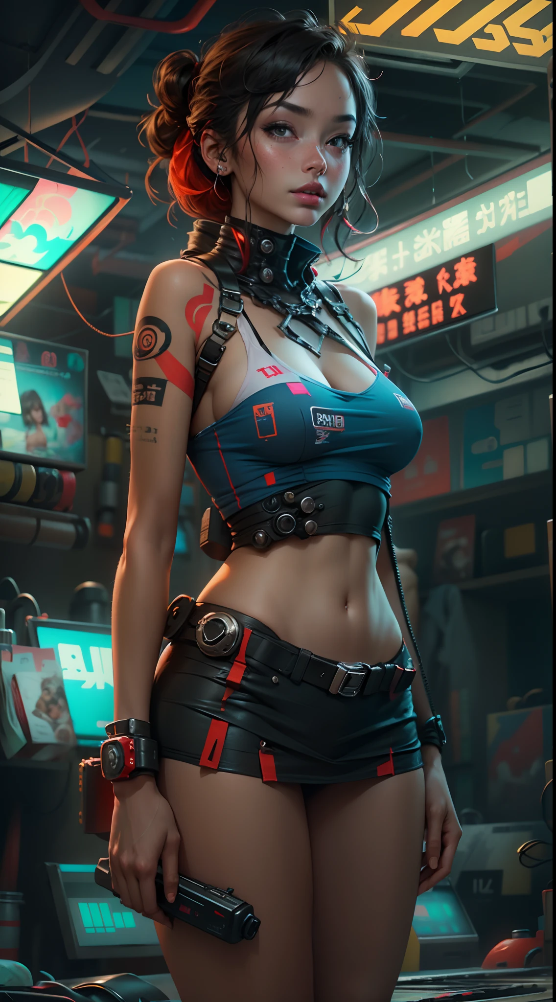 motor irreal:1.4,CG ultra realista 64K, fotorrealista:1.4, textura de la piel:1.4, obra maestra:1.4,Hermosa mujer con lingeries babydoll、Ropa corta estilo cyberpunk color amarillo, pantimedias red , mini skirt blue,