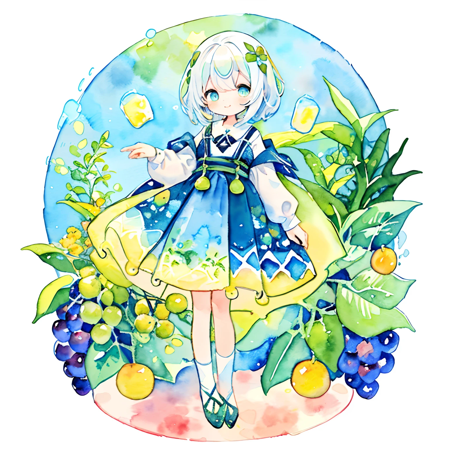 PastelColors:1.5)、(Cute illustration:1.5)、(watercolor paiting:1.2)、Light blue background、girl with、full body Esbian、A smile、Stranger、Light blue all over、Moya、marble、colourfull、jello、muscat、Yellow-green grapes、Jelly Girl、White hair、light blue  eyes