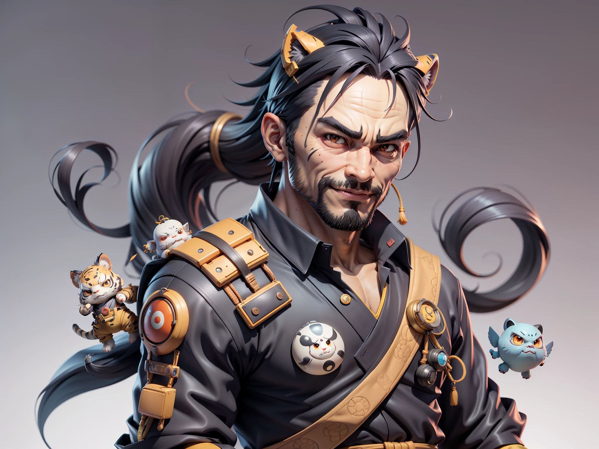 (Daisaku),(Need),(Super meticulous),(full bodyesbian:1.2),Super young man with Japanese geisha，Beautiful，orient，one tiger，Aeolian Thor，Raised sexy，爆乳，Oriental face，TV Anchor，Bust portrait illustration，In black suit，a blue tie，The face is slightly chubby，The face was clean，without a beard，Black super short hair，Black eyes，Smile confidently，3C computer sub-products，iPad， iphone，Digital painting，3D character design by Mark Clairen and Pixar and Hayao Miyazaki and Akira Toriyama，The illustration is a high-definition illustration in 4K resolution，With very detailed facial features and cartoon-style visuals。