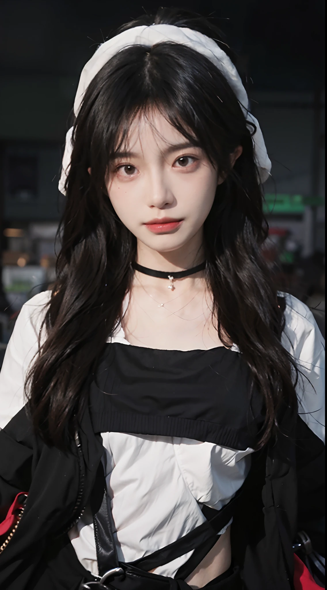 best qualtiy， 超高分辨率， （realisticlying：1.4），Baoyu Girl，1girll, with long coiled hair，Wear a black mask，Looking into the distance，nedium breasts，cute clothing，a sense of atmosphere，Beautiful woman with a slim figure:1.4, Ultra-fine face，Elaborate Eyes，二重まぶた，choker necklace