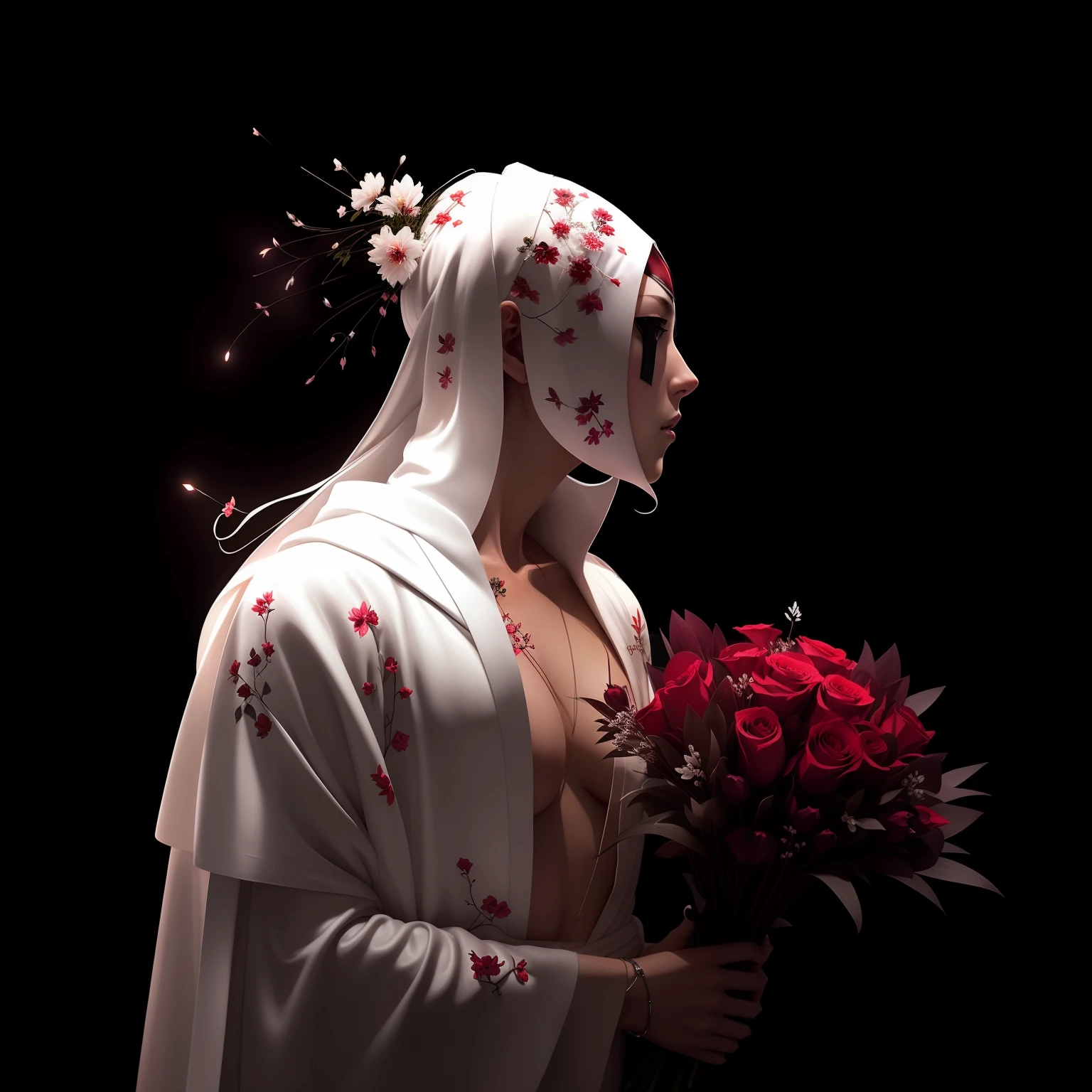Arafed woman in a white robe holding a bouquet of flowers, Takato Yomamoto. 4 mil, Hermoso dios masculino de la muerte, flores que crecen fuera de su cuerpo, cyborg cyberpunk. Rosas, guillem h. Pongiluppi, Demonio masculino en forma con cuernos blancos, Obras de arte al estilo de Guweiz, Takato Yomamoto