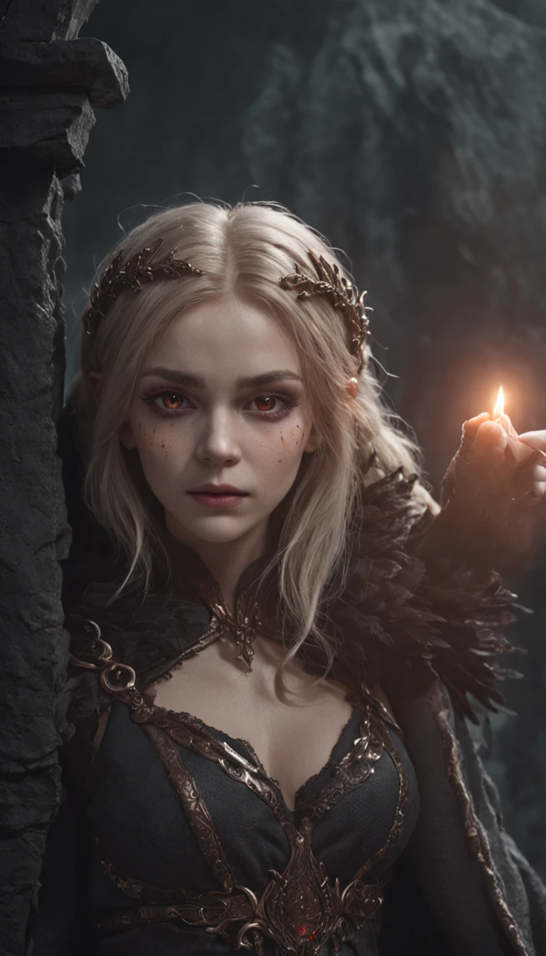 extremeangle,1 girl, adult (elven:0.7) woman, freckles, coral eyes, medium blonde shaggy hair,, portrait, solo, (full body:0.6), looking at viewer, detailed background, detailed face, (V0id3nergy, void theme:1.1) calm, otherworldly glowing eyes, bringer of death, dynamic pose, decay, floating particles, crypt in background, ravens in background, mist, dark clouds, low light, mysterious lighting, sinister dark atmosphere,
