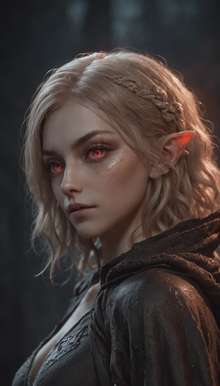 extremeangle,1 girl, adult (elven:0.7) woman, freckles, coral eyes, medium blonde shaggy hair,, portrait, solo, (full body:0.6), looking at viewer, detailed background, detailed face, (V0id3nergy, void theme:1.1) calm, otherworldly glowing eyes, bringer of death, dynamic pose, decay, floating particles, crypt in background, ravens in background, mist, dark clouds, low light, mysterious lighting, sinister dark atmosphere,