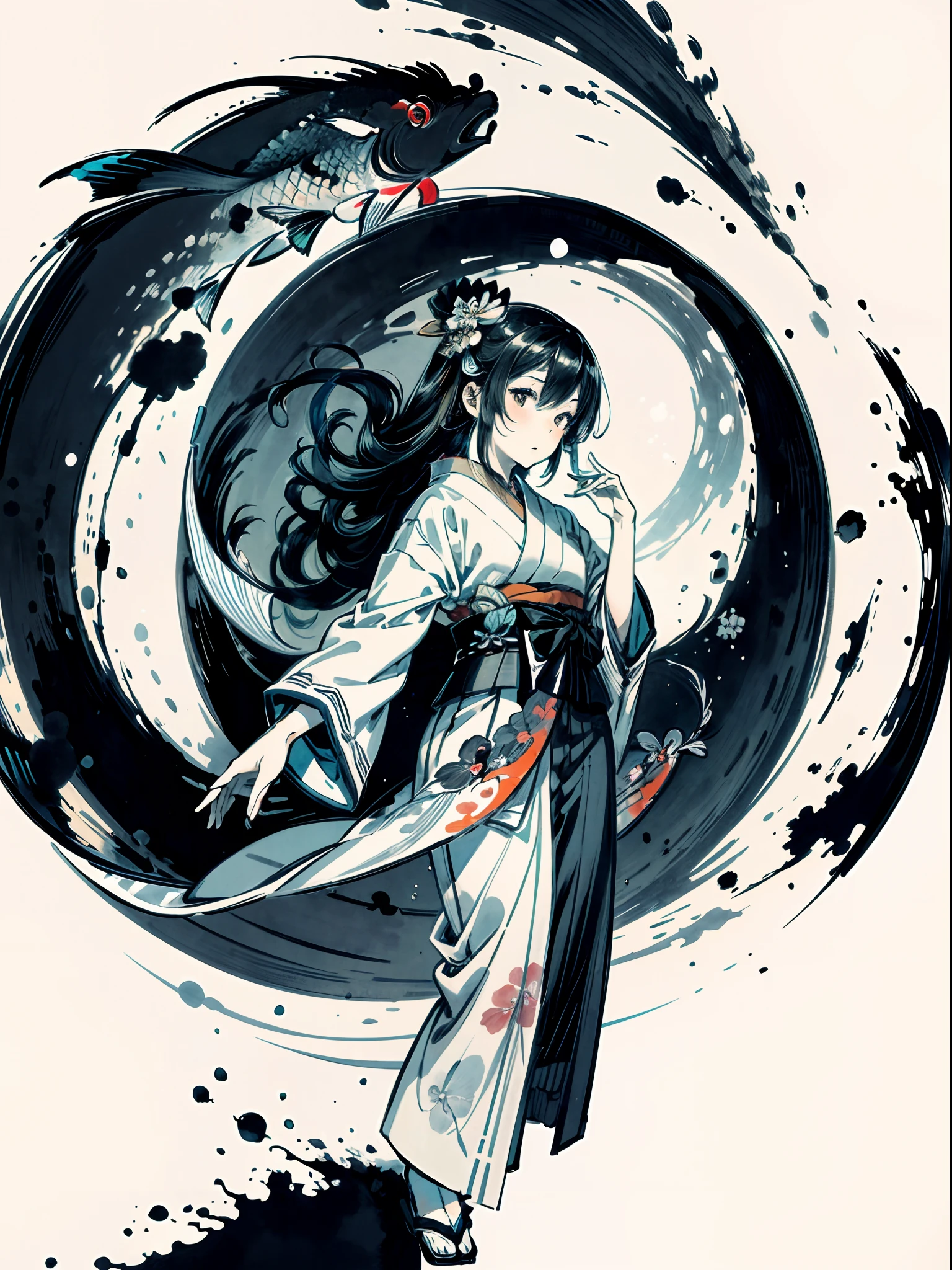 "A flock of mesmerizing koi fish gracefully swirling around a young girl, capturing the essence of an elegant and serene Japanese ink painting."