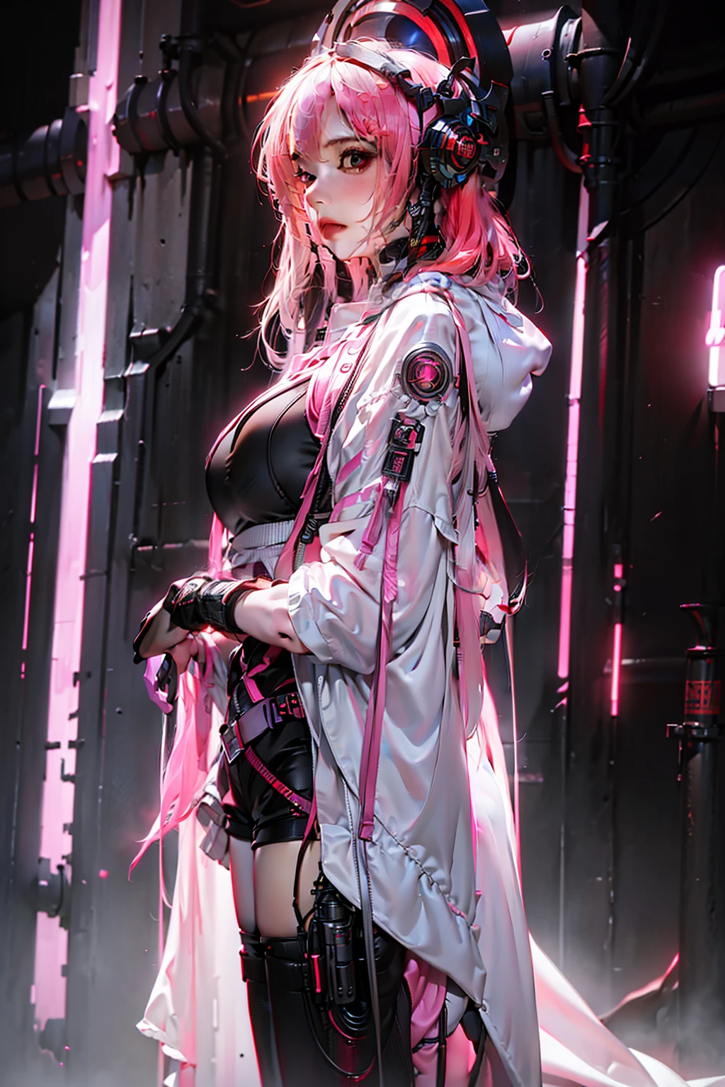 woman，Tall，Realistic 4K，Digital cyberpunk style，Women wear hoodies，Black bra，White hooded top，Black leather shorts，Rounded long legs，high-heels，Headsets，largeeyes，Redlip，Machine armour wind，Pink and white tones predominate