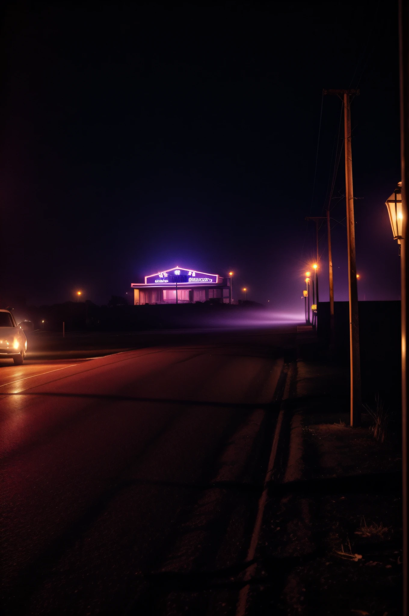deep in the night、mid night、motel、Ruins、Only one light、Pink Lights、Sad clown、foggy、Nostalgic but unsettling photos、Images in a dream、uneasy、horor、terrifying、desolate、Pretty dark image、Grainy photo、Film Touch、color photograph、wide angles、wide-angle lens, Wide Shot, ultra wide-angle,