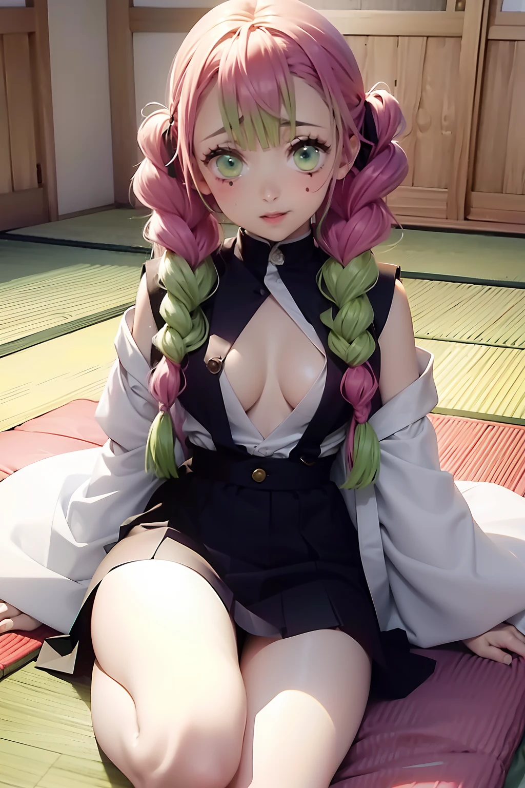 ultra-detailliert、top-quality Green and pink hair、gradation hair、Large braids、length hair、Blunt bangs、Mitsuri's hair drooing eyes、with round face、big eye、Green eyes large full breasts、skinny body、Mansuji Mitsuri、Demon Slayer Clothing、Demon Killing Squad Clothing、Black clothes、a black skirt、Mitsuri's clothes、White panties Adult Pose、Bold legs open、femaleejaculation Background with、traditional Japanese room、futon bedding