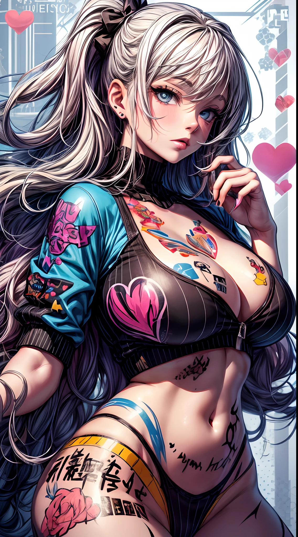 infp young woman, Beautiful big breasts, Front opening shirt, Body painting with pop designs drawn directly all over the body, heart shapes, Pop Art Design, Cutting-edge fashion, Innovative, The center of attention, tokyo prefecture, newyork, Special art design, pubick hair, cameltoe details, -motto, Background of the novel,