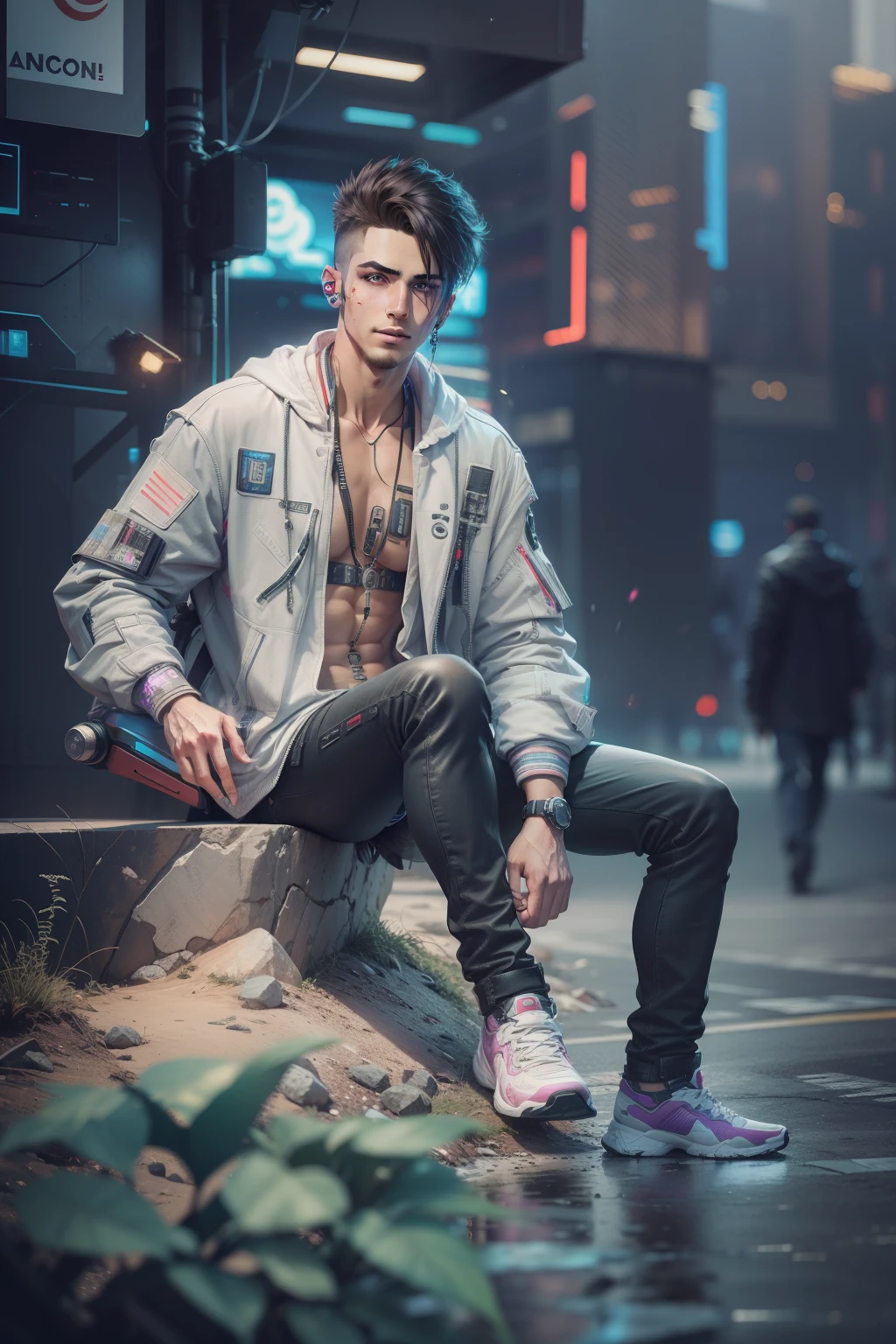 Change background handsome cyberpunk boy. Realistic 8k face. Original face