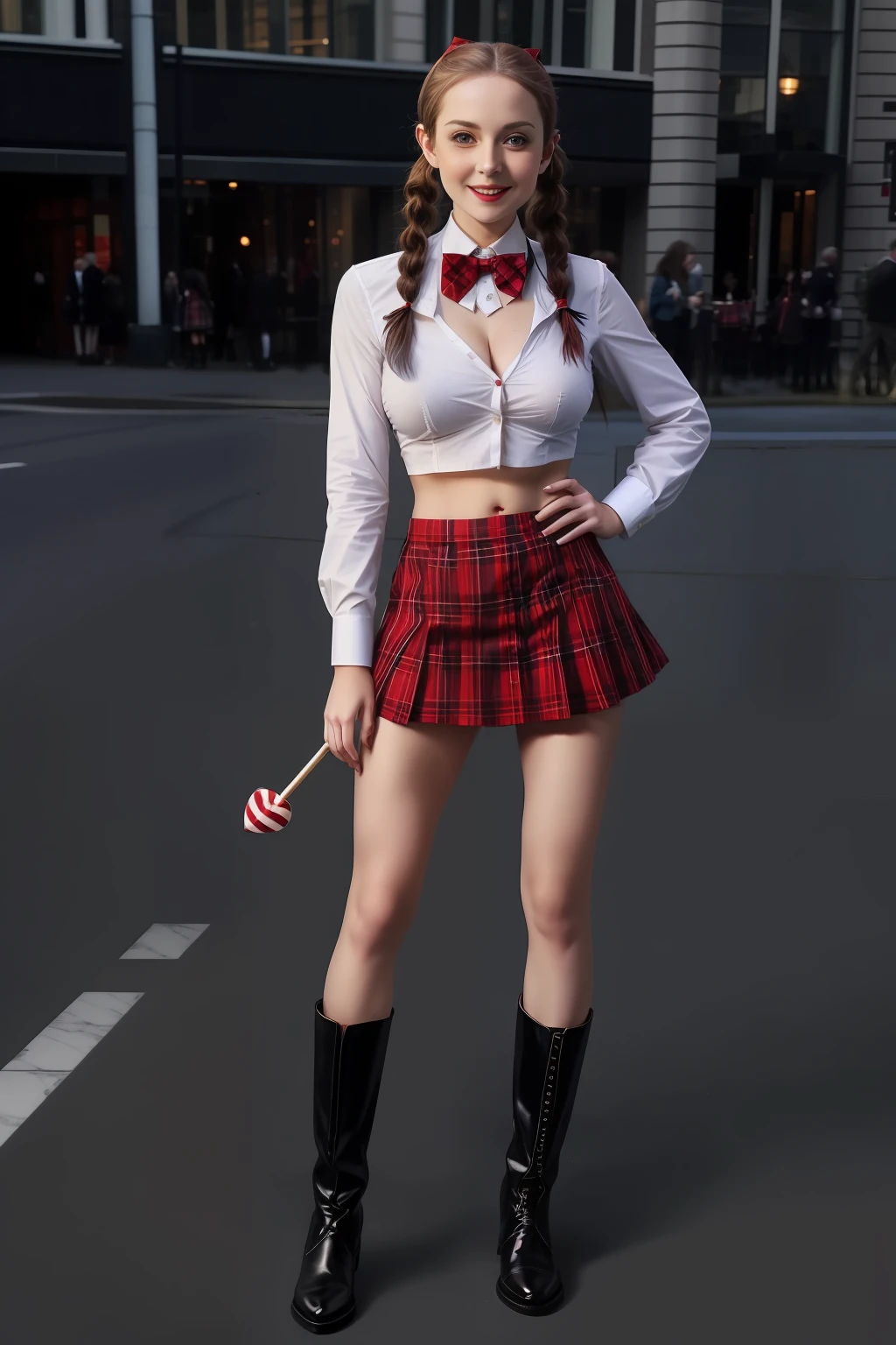 full-body shot, gorgeous mature woman, red tartan short skirt, knee high white socks, button up shirt, midriff, pigtails, cleavage, bowtie, boots, lollipop