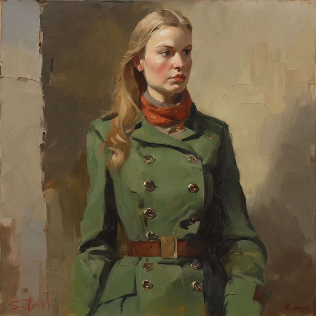One lonely young adult girl, Tall stature, little chest, closed mouth, Slavic appearance: Green eyes; blond hair; sharp facial features; dimple on the chin; Straight nose; high nose; pronounced high cheekbones; high forehead, stands upright, wears a military uniform: Dark green double-breasted overcoat with 6 fasteners; gray pants; high black boots; black leather gloves, standing in the middle of the street, The background in the picture: A street with a stone paved road with European stone houses from the first half of the 20th century; People in clothes of the mid-20th century, High quality shadows, High quality of light, High quality clothing, Masterpiece picture quality, max detail, Masterpiece quality, High definition of the picture.