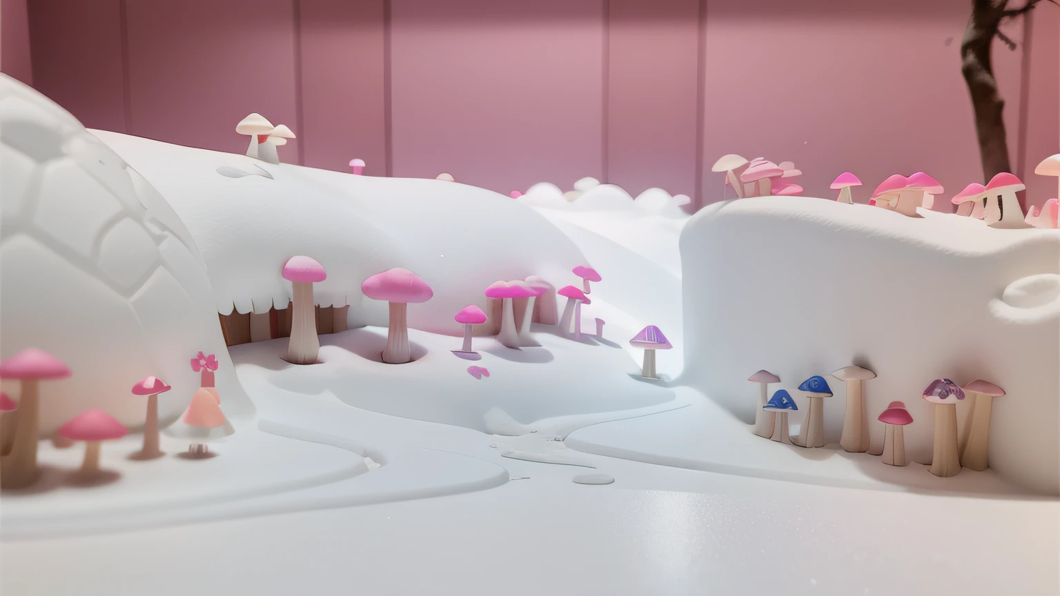 Maquete. mushrooms neon. Maquete. mushrooms neon Cor de Pink. Neve branca. Maquete. neon Lagoa. Agua.