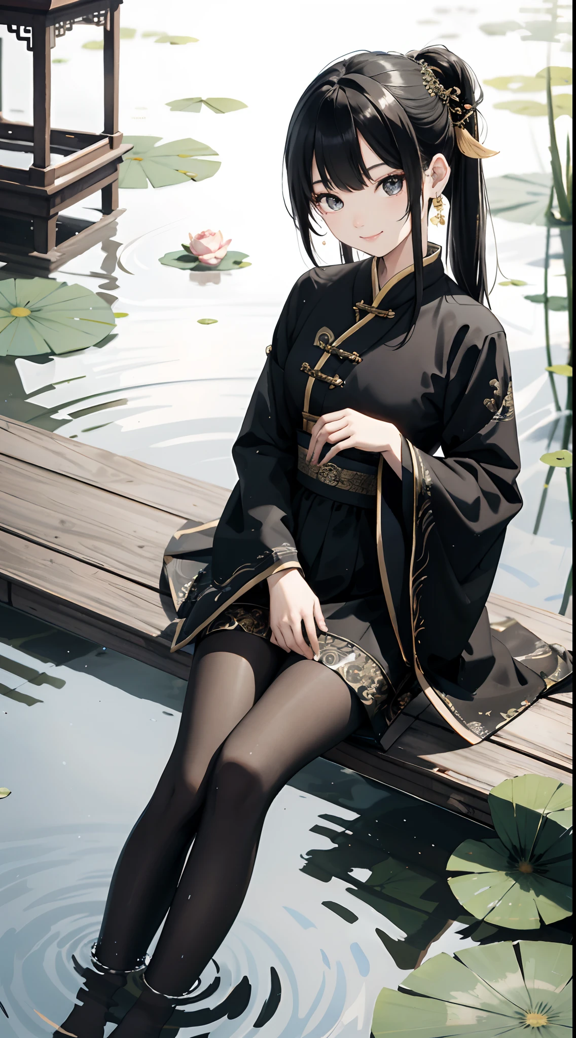 hoang lap，8K high resolution，ultra - detailed，（1girll：1.3），handpainted，Simple lines，16-year-old girl wearing black Chinese clothing，beuaty girl，In the lotus pond，tmasterpiece，Sit on a plank floating in the water，Floating hair，black pantyhoses，black pantyhoses，looking toward the viewer，ssmile，posed for photo，