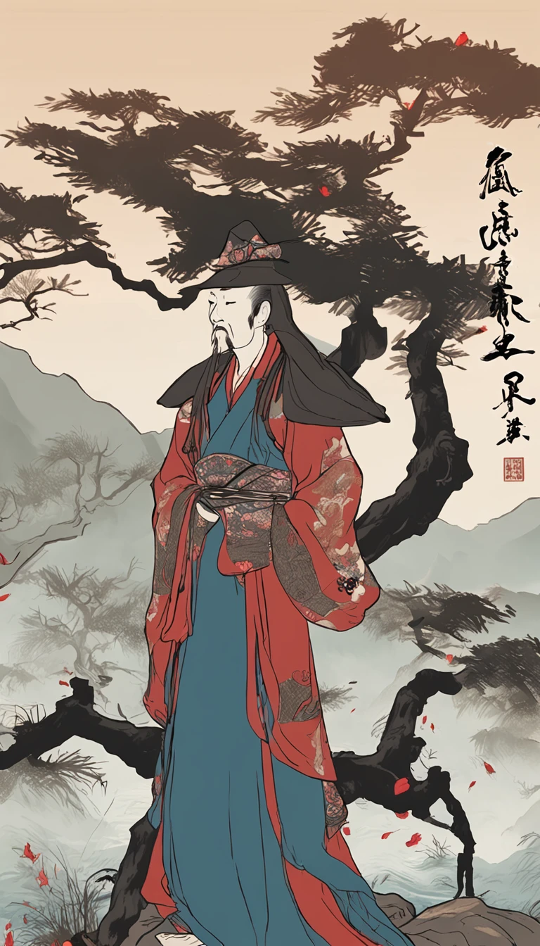 The image of an old man with a beard and a black hat, feng shu, zhang daqian, yuan - ti, Yang Qi, guangjian huang, hua cheng, xiang duan, tian zi, inspired by Wu Daozi, by Xuande Emperor, Song Dynasty, Inspired by Cao Zhibai, xiaoguang sun