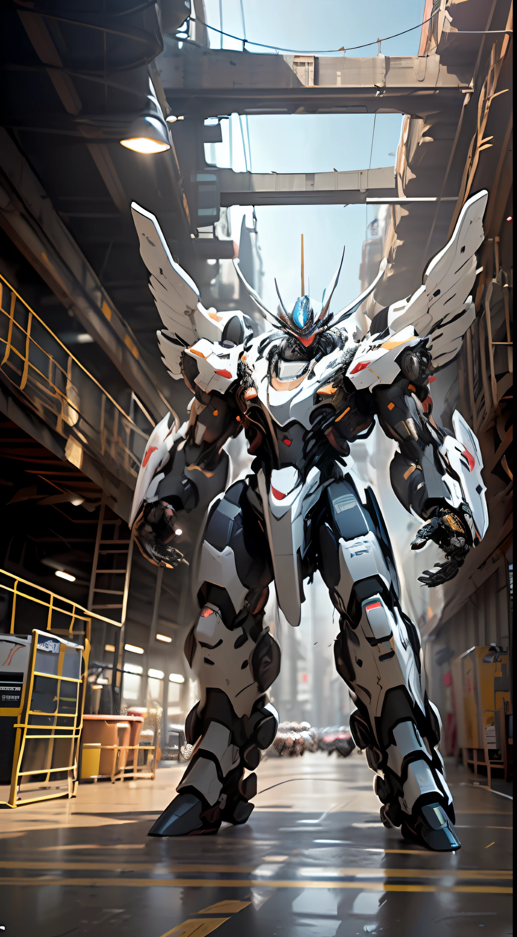 ((Best quality)), ((masterpiece)), (highly detailed:1.3), 3D, beautiful, (cyberpunk:1.2), in space, nebula, holding_weapon, (1Female mecha:1.3), facing the viewer, glowing eyes, full body, (flying, swooping down, dynamic, motion blur: 1.4), (huge mecha wings: 1.6), looking up, glowing_eyes, mecha, panorama, background is earth, nebula, space, particles, reality, HDR (High Dynamic Range), Ray Tracing, NVIDIA RTX, Super Resolution, Unreal 5, Subsurface Scattering, PBR Texturing, Post Processing, Anisotropic Filtering, Depth of Field, Maximum Clarity and Clarity, Multilayer Textures, Albedo and Specular map, Surface shading, accurate simulation of light-material interaction, perfect proportion, Octane Render, two-tone lighting, large aperture, low ISO, white balance, rule of thirds, 8K RAW, efficient sub-pixel, sub-pixel convolution,