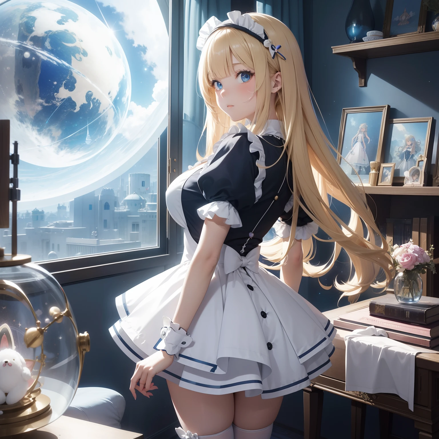 Charles Robinson Anime wondrous strange Whimsical Sci-Fi Fantasy alice in the wonderland Room at home super miniskirt maid outfit alice Outside the window the galaxy and big Saturn、You can see the space station Stuffed bear in the air indoors、Floating books, etc. solo girl, sweet innocent beautiful face, blonde girl, large breasts large ass, hyperdetailed high resolution masterpiece