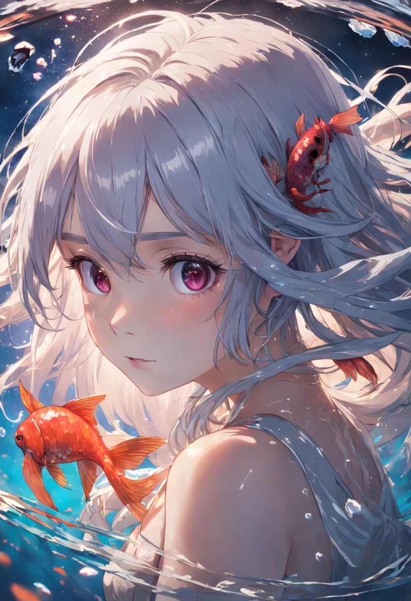 best quality, masterpiece, (realistic:1.2), 1 girl, detailed face, beautiful eyes, [(Transparent background:1.5)::5],(((masterpiece))),(((best quality))),(((extremely detailed))),illustration, 1girl,solo,mysterious,vivid color, shiny, underwater transparent sealed hemispherical glass dome, (white hair),(purple eyes), full body, barefoot, long hair tranquil nature, koi, Underwater, Dome, close up, Dynamic actions, Lens perspective,(((Box composition))),sit cross-legged and lean against the bookshelf, volumetric lighting, multi-color eyes, detailed eyes, hyper detailed, light smile, highly detailed, beautiful, small details, ultra detailed, best quality, intricate, 4k, 8k, trending on art station, good anatomy, beautiful lighting, award-winning,