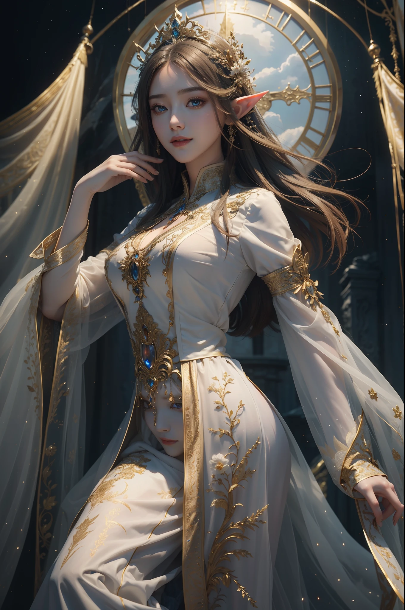 ((top-quality、​masterpiece、photographrealistic:1.4、8K))、Beautuful Women、Beautiful expression、extremely detailed eye and face、beatiful detailed eyes、（Mysterious and natural dresses、Dress with intricate and beautiful embroidery with golden thread on white fabric）、（A fantastic mountain behind a beautiful elf々and castles。Hair sways gracefully）、Cinematic lighting、Textured skin、Super Detail、high detailing、High quality、hight resolution、Looking at Viewer、Elegant smile、Full body、elfwide angle, intricate and beautiful elven city and castle in the mountains