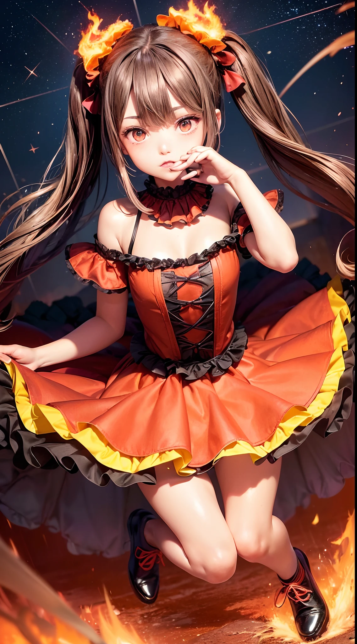 (fullbody, legs and shoes visible: 1.2)) expressive eyes, woman, pale skin, long hair, windblown hair, ((long hair)), long sidelocks, hime bangs, hair fringe, hair bun, ((long twintails)), flaming hair, red hair, blushing, full face blushing, big sparkling glowing red eyes, (gradient eyes), open mouth smile, cute pose,
flowy flaming dress, ((dark multicolored open dress)), (floating fire), orange ruffles, yellow frills, (light red lace), detached short sleeves, puffy skirt, ((fire and stars print skirt : 1.3)), lolita skirt, dark red bows, ((pompon ribbons hair ornament : 1.4)), multiple bows, striped lace stockings, (heart shaped leg garter), cute (dark orange) shoes ((hyperdetailed clothing and fashion)) looking at you, vintage girl, blushing, (beautiful detailed eyes), (extremely detailed CG unity 8k wallpaper) (best shadow), ((an extremely delicate and beautiful)), (detailed light), ((depth of field)) big head, big sparkling eyes, moe, splash art, cinematic lighting, frontal view, volumetric lighting maximalist photo illustration 64k resolution high res intricately detailed complex key visual precise linear 
((in the dark lava volcano background, surrounded by smoking hot lava, shooting stars, volcano)) ((hyperdetailed scenery, foggy, darkness : 1.3))