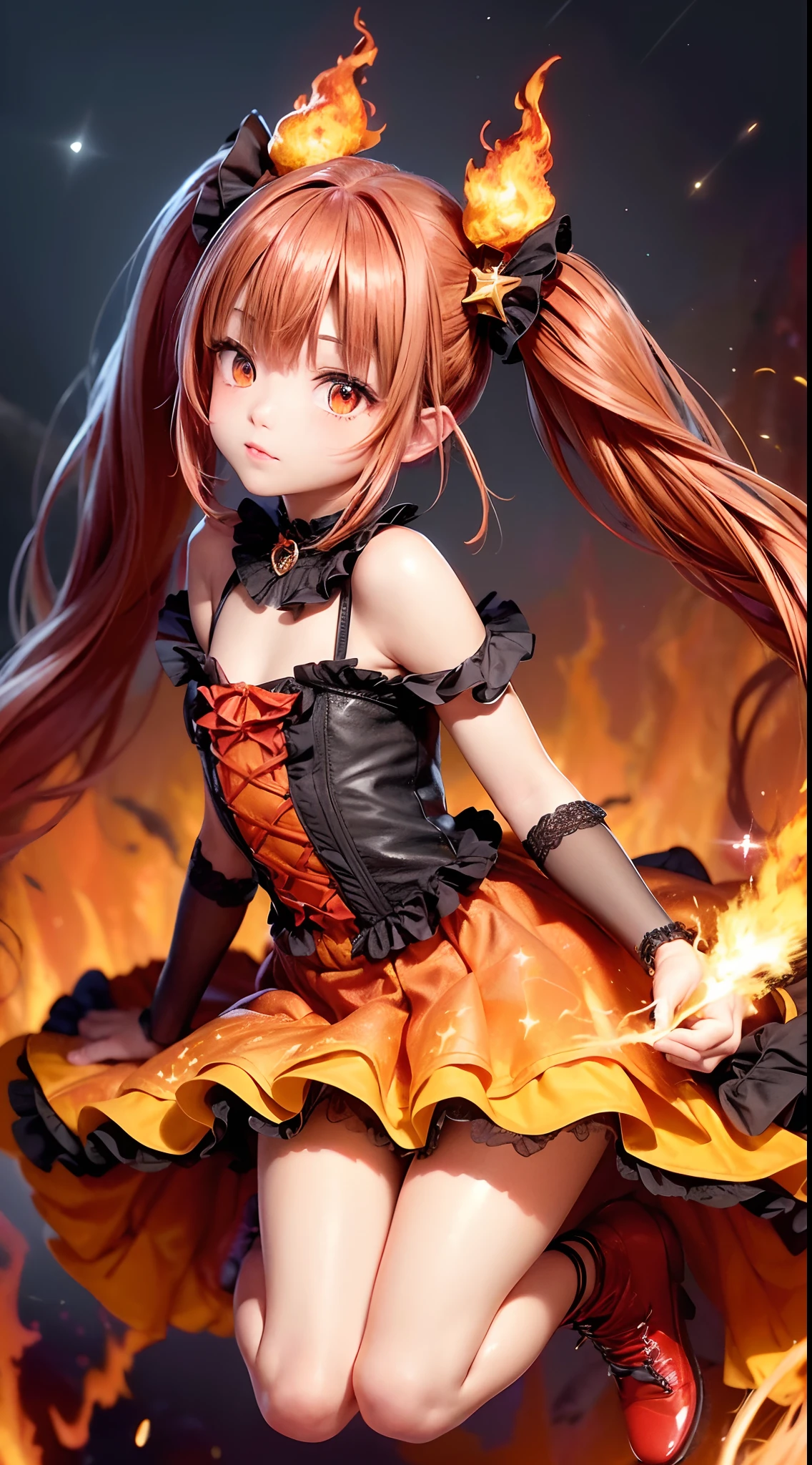 (fullbody, legs and shoes visible: 1.2)) expressive eyes, woman, pale skin, long hair, windblown hair, ((long hair)), long sidelocks, hime bangs, hair fringe, hair bun, ((long twintails)), flaming hair, red hair, blushing, full face blushing, big sparkling glowing red eyes, (gradient eyes), open mouth smile, cute pose,
flowy flaming dress, ((dark multicolored open dress)), (floating fire), orange ruffles, yellow frills, (light red lace), detached short sleeves, puffy skirt, ((fire and stars print skirt : 1.3)), lolita skirt, dark red bows, ((pompon ribbons hair ornament : 1.4)), multiple bows, striped lace stockings, (heart shaped leg garter), cute (dark orange) shoes ((hyperdetailed clothing and fashion)) looking at you, vintage girl, blushing, (beautiful detailed eyes), (extremely detailed CG unity 8k wallpaper) (best shadow), ((an extremely delicate and beautiful)), (detailed light), ((depth of field)) big head, big sparkling eyes, moe, splash art, cinematic lighting, frontal view, volumetric lighting maximalist photo illustration 64k resolution high res intricately detailed complex key visual precise linear
((in the dark lava volcano background, surrounded by smoking hot lava, shooting stars, volcano)) ((hyperdetailed scenery, foggy, darkness : 1.3))
