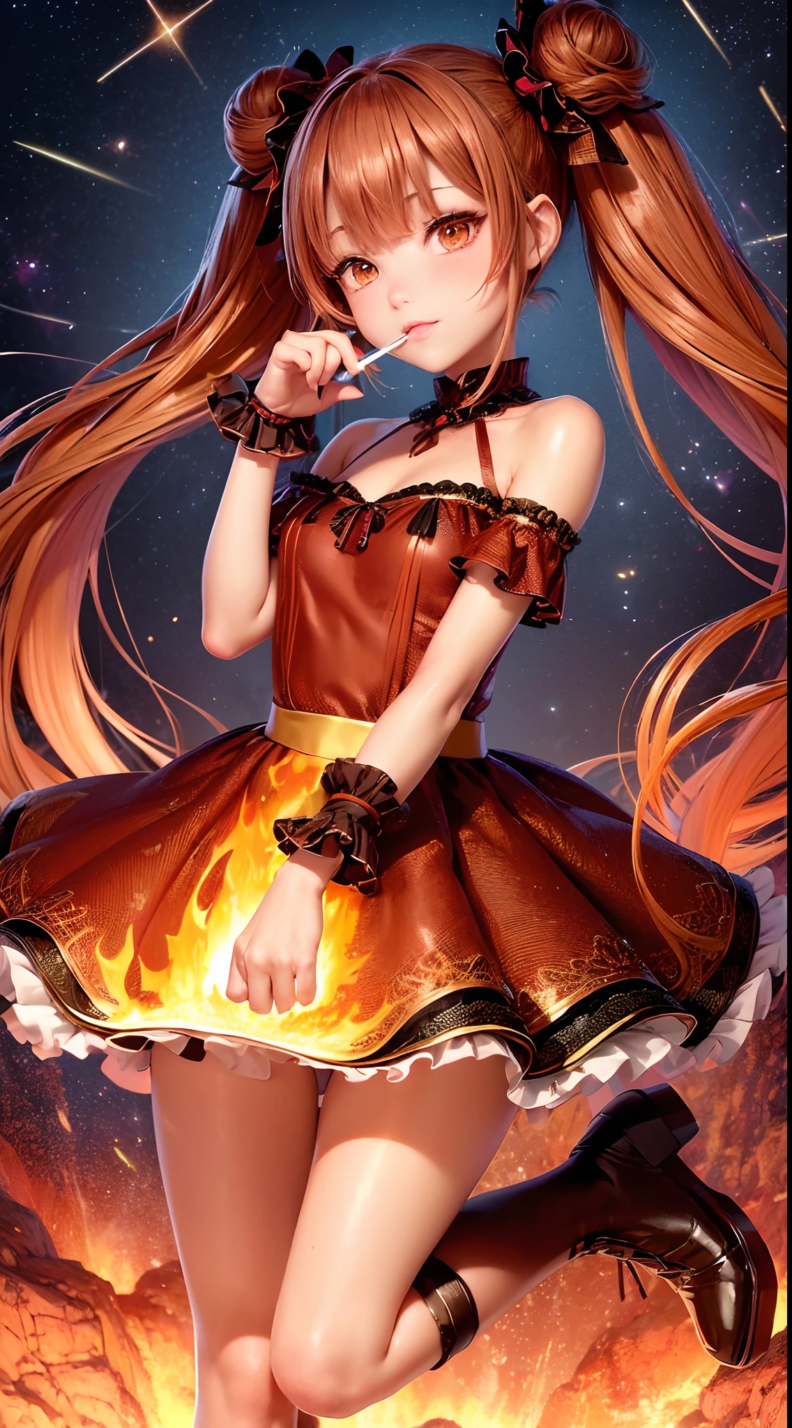 (fullbody, legs and shoes visible: 1.2)) expressive eyes, woman, pale skin, long hair, windblown hair, ((long hair)), long sidelocks, hime bangs, hair fringe, hair bun, ((long twintails)), flaming hair, red hair, blushing, full face blushing, big sparkling glowing red eyes, (gradient eyes), open mouth smile, cute pose,
flowy flaming dress, ((dark multicolored open dress)), (floating fire), orange ruffles, yellow frills, (light red lace), detached short sleeves, puffy skirt, ((fire and stars print skirt : 1.3)), ta skirt, dark red bows, ((pompon ribbons hair ornament : 1.4)), multiple bows, striped lace stockings, (heart shaped leg garter), cute (dark orange) shoes ((hyperdetailed clothing and fashion)) looking at you, vintage girl, blushing, (beautiful detailed eyes), (extremely detailed CG unity 8k wallpaper) (best shadow), ((an extremely delicate and beautiful)), (detailed light), ((depth of field)) big head, big sparkling eyes, moe, splash art, cinematic lighting, frontal view, volumetric lighting maximalist photo illustration 64k resolution high res intricately detailed complex key visual precise linear
((in the dark lava volcano background, surrounded by smoking hot lava, shooting stars, volcano)) ((hyperdetailed scenery, foggy, darkness : 1.3))