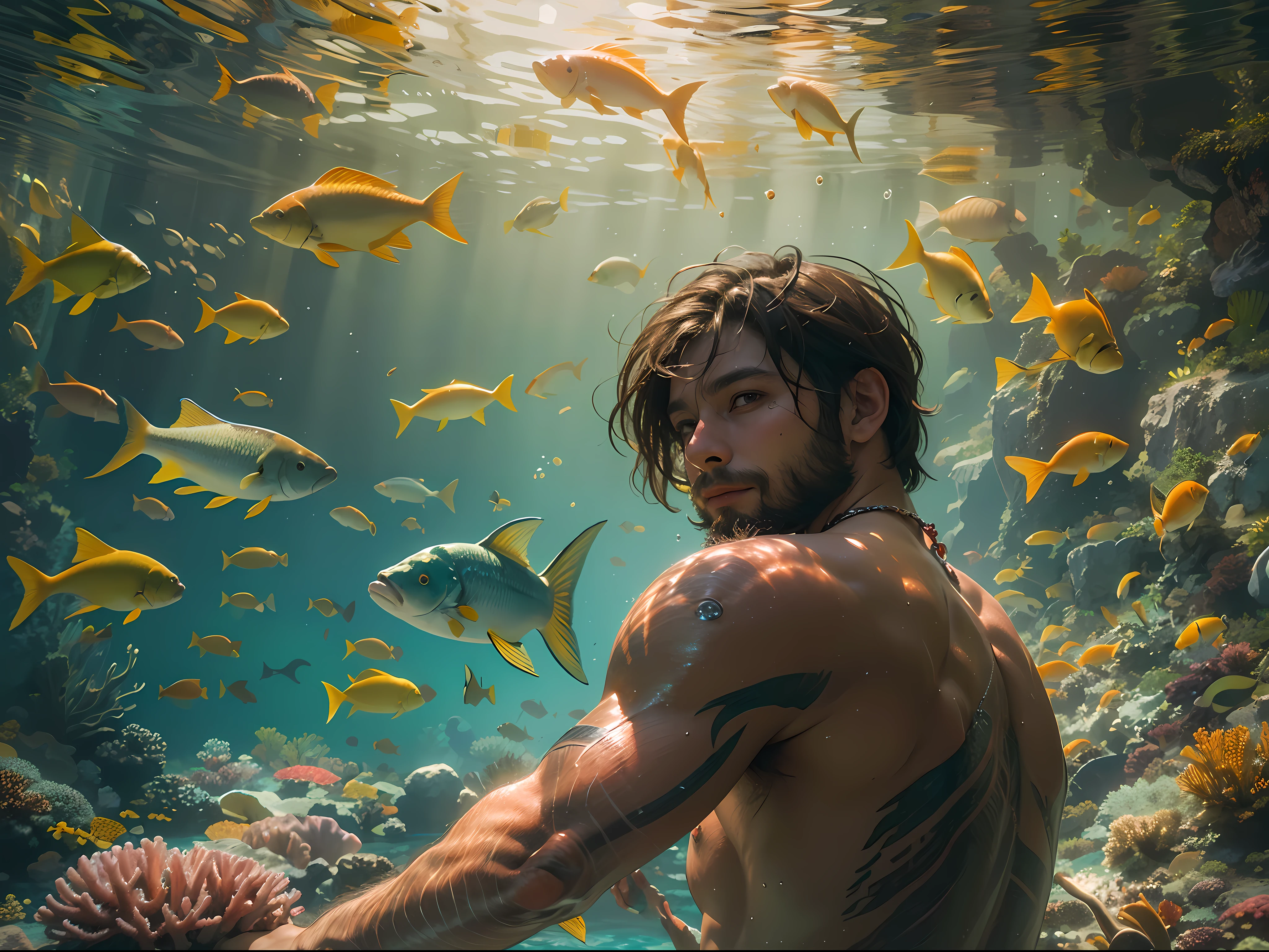 （Highest quality authentic textured skin),(abyssal), (A boy swims in the deep sea:1.5), Handsome facial features, (Sexy short beard:1.5), Burning bright and cold eyes, Strong body, (Shirtless), Bronzed skin,musculous, (He had a mischievous smile on his face),brown  hair,(Dramatic photo:1.4),(flamboyant photo), (Look down at the camera), (A simple necklace hangs around his neck),(Hair flows in water),(Surrounded by redfish),(Underwater, Marine life, Beautiful coral reef, Fish),(Vortices and tidal currents in the background),(Dramaticlight),(Magnificent scene),In the distant background is a temple submerged in a coral reef,the reef,Epic realism,Cinematic feeling,(high-density imaging review:1.5), (Teal and orange:0.4), (Soft color:1.2),Ultra detailed,Dramaticlight,(intricately details:1.1),the complex background,
