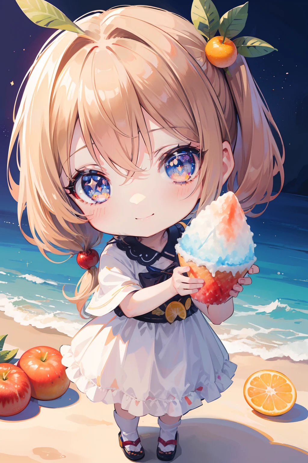 masutepiece, High resolution, 8K, anime woman, Delicate and detailed writing 、Detailed digital illustration、(Chibi:1.2)、（​masterpiece:1.4）、（top-quality：1.4)、（a very pretty girl、hyperdetailed face、Eyes Like Gems、very long light brown hair、Colorful gradient hair:1.4）、（full body Esbian、Perfect two arms、Perfect two legs:1.4）、(Perfect four fingers:1 thumb)、brilliance、Ultra-fine、Pigtails、细致背景、Fantastical、Underexposed eyes、hiking clothes、There is a big red ribbon on the clothes、Fantastic background、eyes large and double,,,,,,,,,,、Eyes are orange gradients、Sparkly orange pupils、Soothing、Greet with your best smile、Beautiful Hawaiian ocean background、(((Colorful shaved ice topped with fruit)))、Blue sky on sunny background