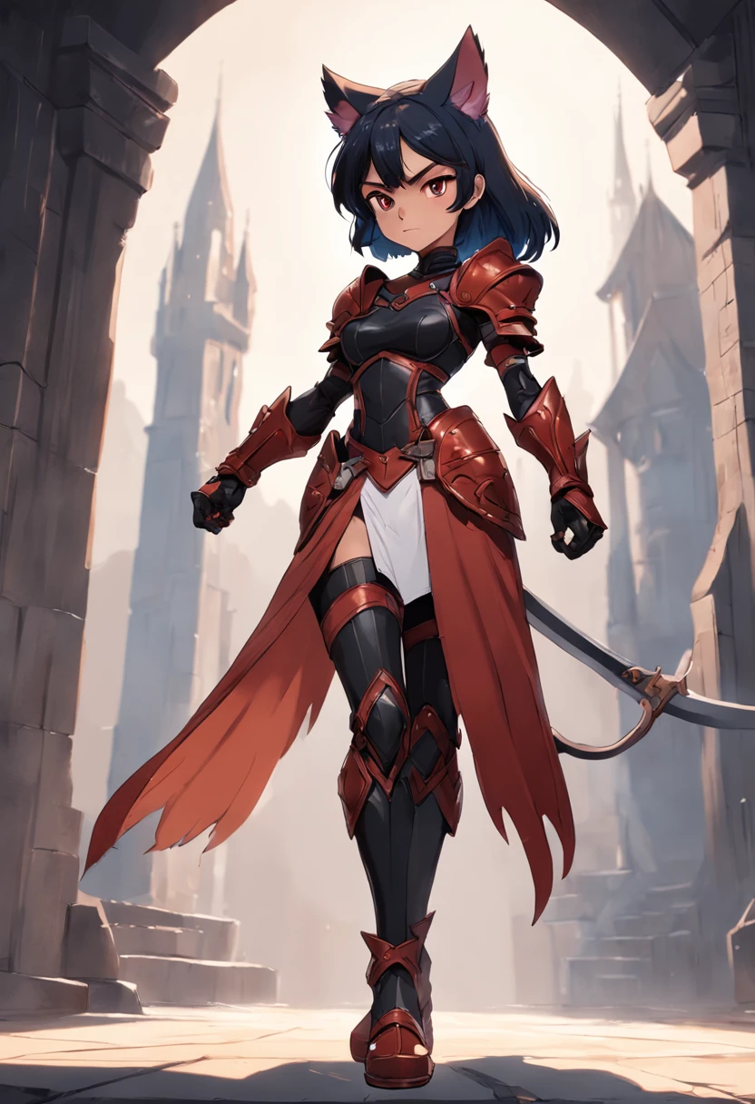 Game character standing drawing design，Orc female，Cat-eared lady，Leather armor，Fur shoulders，Slim figure，The barefoot，Holding a red dagger，Different layers overlay，Different angles，（Back all over the body：1.4），solid color backdrop，clean backdrop，depth of fields，high light，Real light，Ray traching，OC renderer，UE5 renderer，Hyper-realistic，best qualtiy，8K，Works of masters，super-fine，Detailed pubic hair，Correct anatomy，