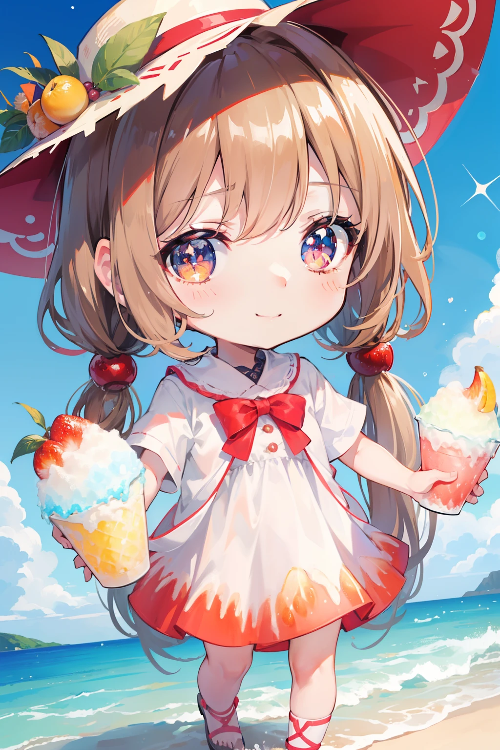 masutepiece, High resolution, 8K, anime woman, Delicate and detailed writing 、Detailed digital illustration、(Chibi:1.2)、(masterpiece:1.4)、(top-quality:1.4)、(a very pretty girl、hyperdetailed face、Eyes Like Gems、very long light brown hair、Colorful gradient hair:1.4)、(full body Esbian、Perfect two arms、Perfect two legs:1.4)、(Perfect four fingers:1 thumb)、brilliance、Ultra-fine、Pigtails、细致背景、Fantastical、Underexposed eyes、hiking clothes、There is a big red ribbon on the clothes、Fantastic background、eyes large and double,,,,,,,,,,、Eyes are orange gradients、Sparkly orange pupils、Soothing、Greet with your best smile、Beautiful Hawaiian ocean background、(((Colorful shaved ice topped with fruit)))、Blue sky on sunny background