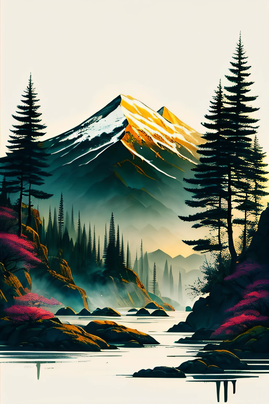 white background, scenery, ink, mountains, water, trees