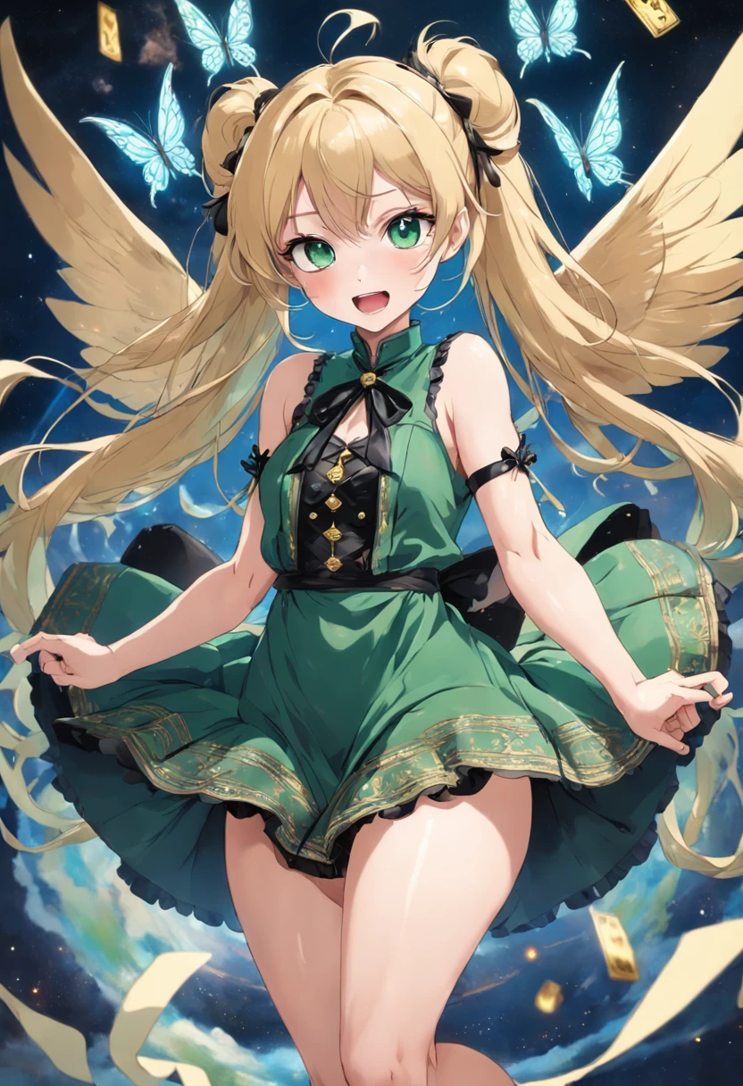 NSFW,((1 man and 1 woman,doing tit fuck)), Paizuri squeeze,paizuri,breasts blowjob,breast in 1penis,smile with open mouth,small breasts,blonde, green eyes,hair above one eye,twin tails,tights, ((magical girl costume)), beret,ribbon,(masterpiece,Highest image quality,best quality),simple background