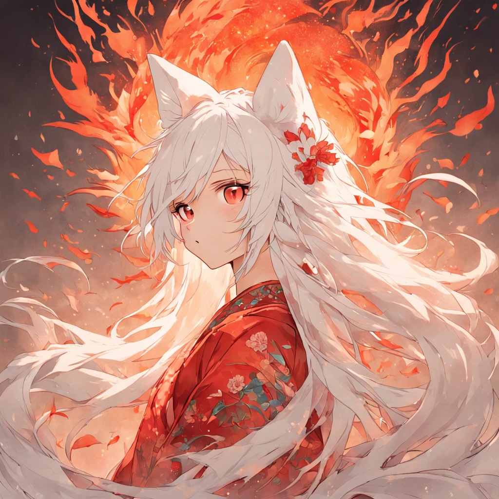 (White background:1.4),(The face of the girl's head, Eyes open, Long white hair,White fox ears，There are nine fluffy fox tails，The tail has a fiery red color at the end， Oriental elements)，(Chinese illustration:1.3，paper art:1.3, Quilted paper art:1.2),( reasonable design, Clear lines, High sharpness,Best quality, Very detailed, Masterpiece, movie light effect, 4K )