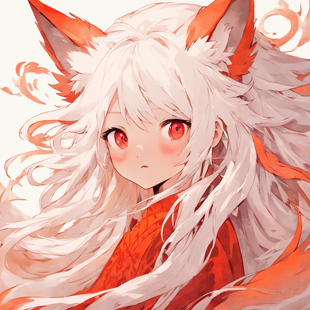 (White background:1.4),(The face of the girl's head, Eyes open, Long white hair,White fox ears，There are nine fluffy fox tails，The tail has a fiery red color at the end， Oriental elements)，(Chinese illustration:1.3，paper art:1.3, Quilted paper art:1.2),( reasonable design, Clear lines, High sharpness,Best quality, Very detailed, Masterpiece, movie light effect, 4K )