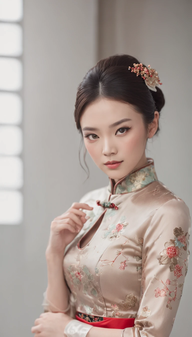 ChineseGirl,on cheongsam,Traditional flair in soft light