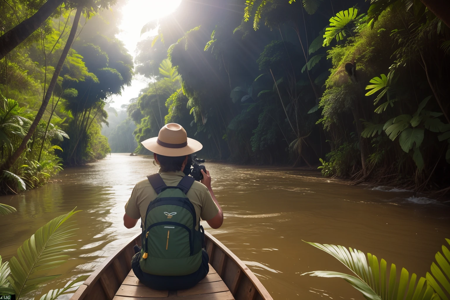 Date: 2019
Country: Brazil
Description: An adventurous adult, dressed in safari-style attire, navigates the Amazon River in search of wildlife, their binoculars capturing the exotic beauty of the rainforest under the luminous sun.