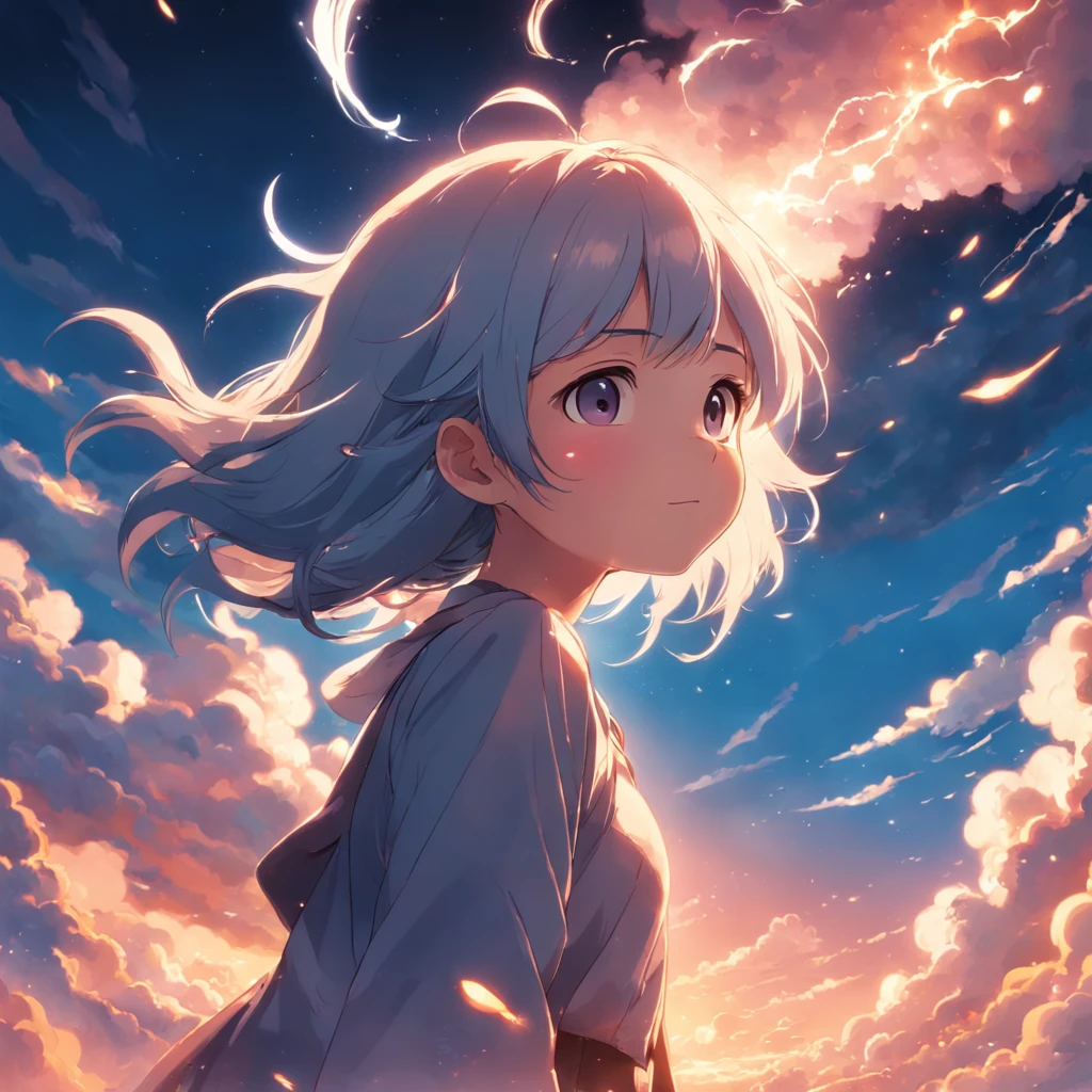 masterpiece, best quality, movie still, 1girl, cloud girl, floating in the sky, close-up, bright, happy, warm soft lighting, sunset, (sparks:0.7)