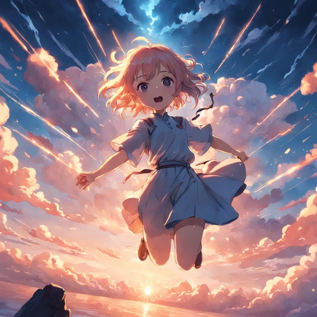 masterpiece, best quality, movie still, 1girl, cloud girl, floating in the sky, close-up, bright, happy, warm soft lighting, sunset, (sparks:0.7)