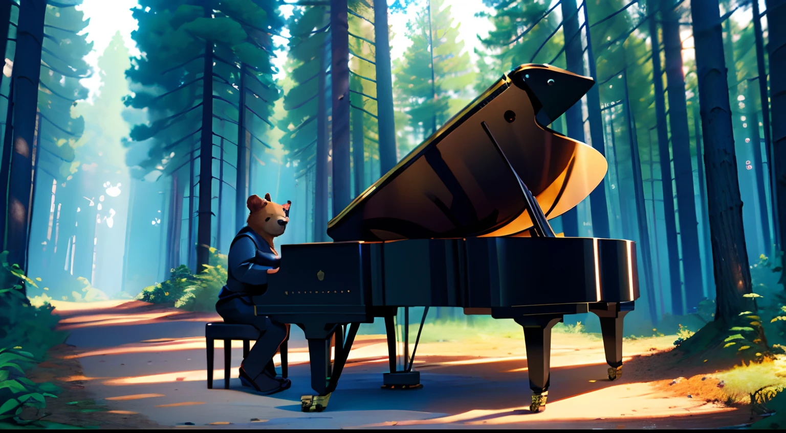 Masterpiece, Best quality, 8K resolution, Cinematic lighting, A cute little bear, Small size, Solo, brown hairs, Play a grand piano, at a forest,paths