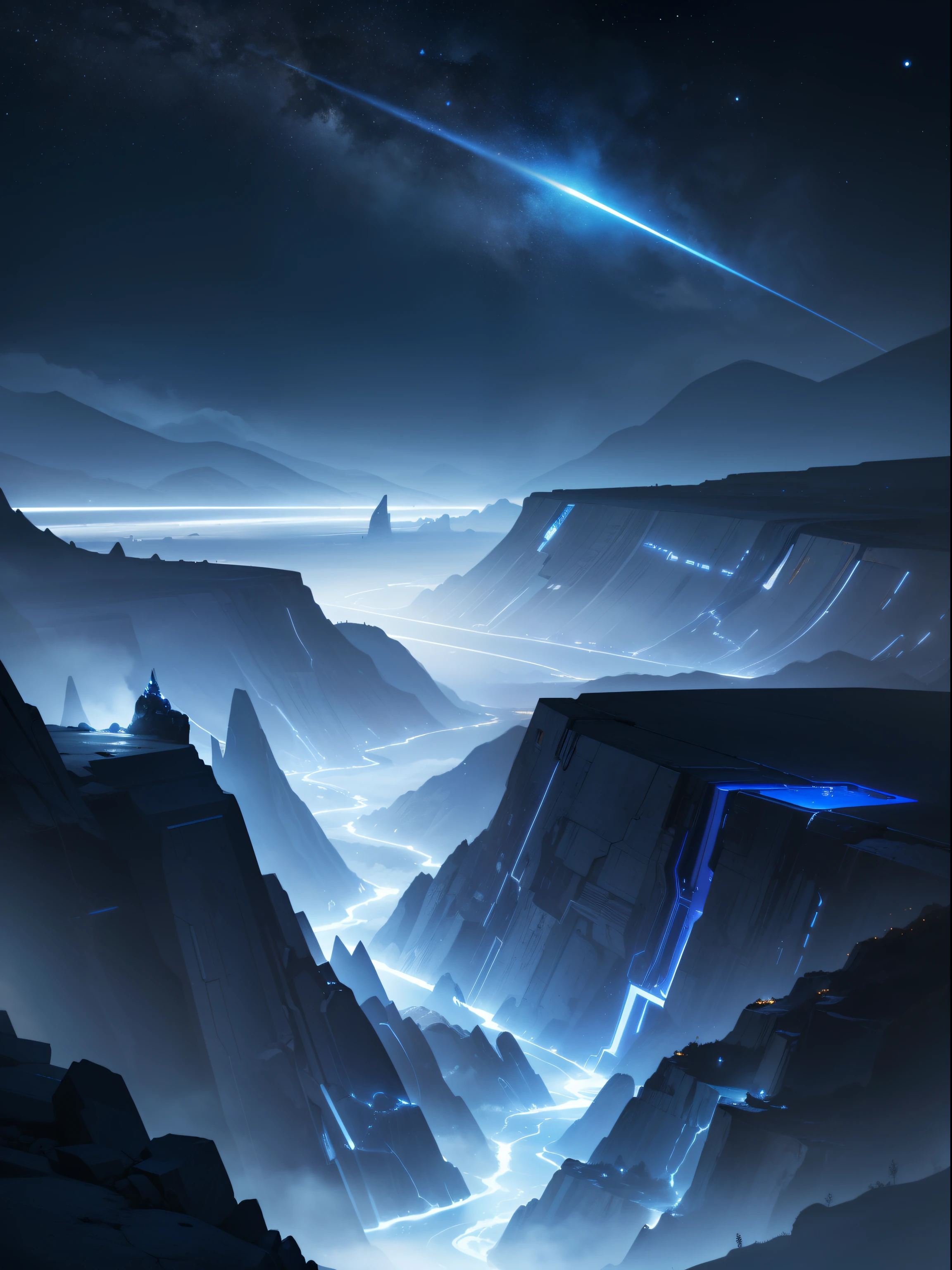 Big metalic planet, dark-blue metal, shiny metal, cybertron, mechanical planet, empty wasteland, no buildings, no structures, dark blue storm clouds, light blue lightning from clouds, blue river, river to horizon, electrized river, light blue lightning from river, stars on the sky, perspective from the mountain, realistic, watercolor, 4k, high quality, attention to details.